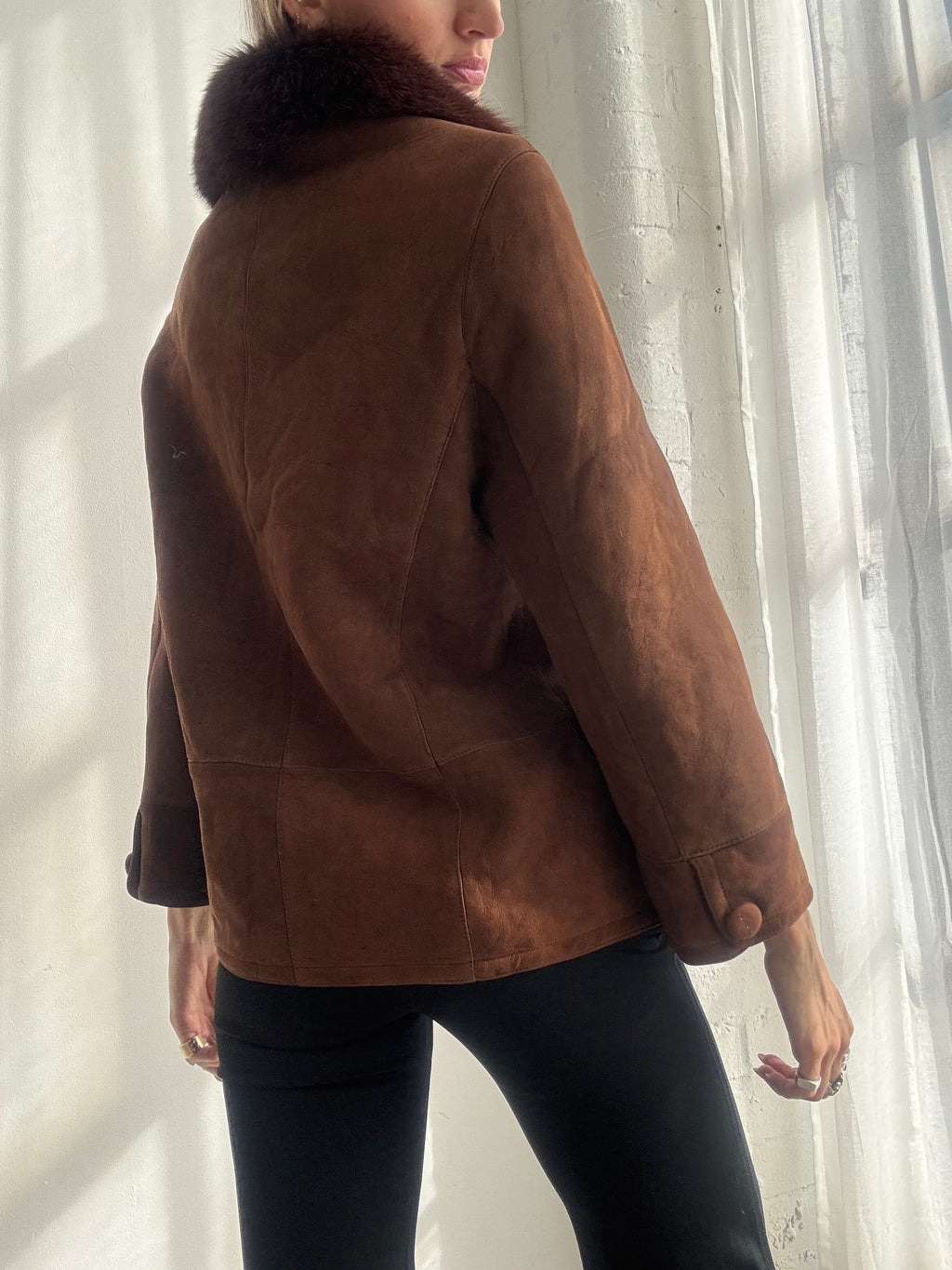 Vintage Y2K Brown Suede Jacket with Fox Fur Collar - Size S