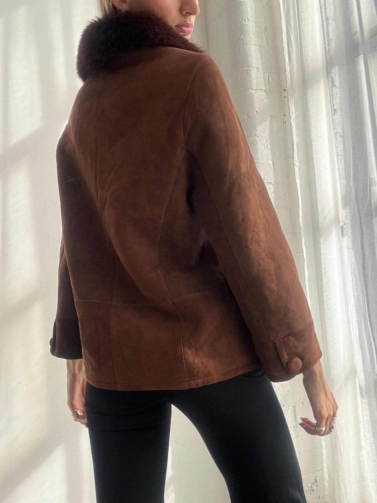 Vintage Y2K Brown Suede Jacket with Fox Fur Collar - Size S
