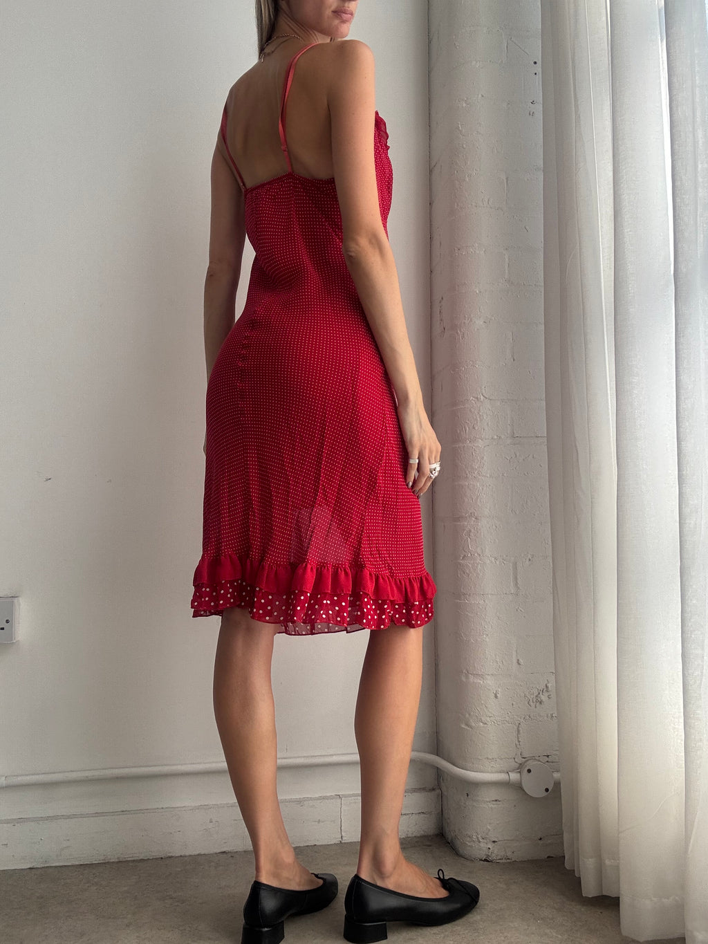 Vintage Y2K Red Polka Dot Ruffle Trim Slip Midi Dress – Size M