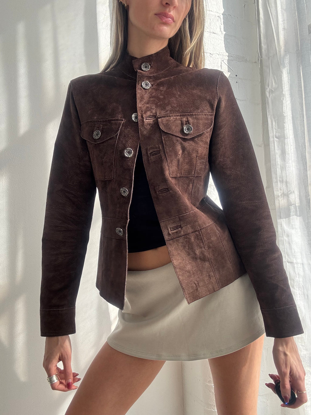 Vintage Y2K brown suede fitted button-up jacket