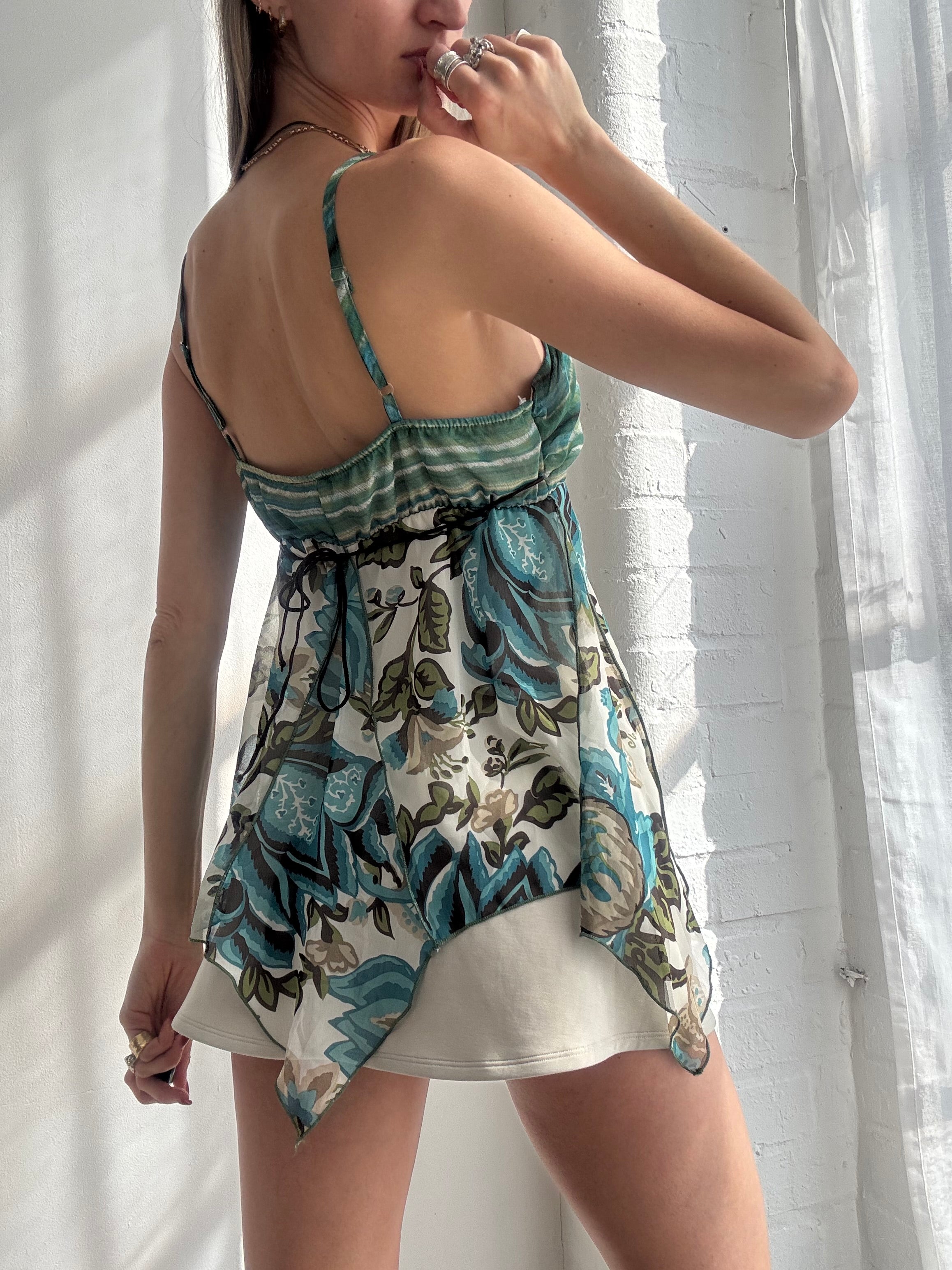 Vintage Y2K teal floral handkerchief hem mesh cami