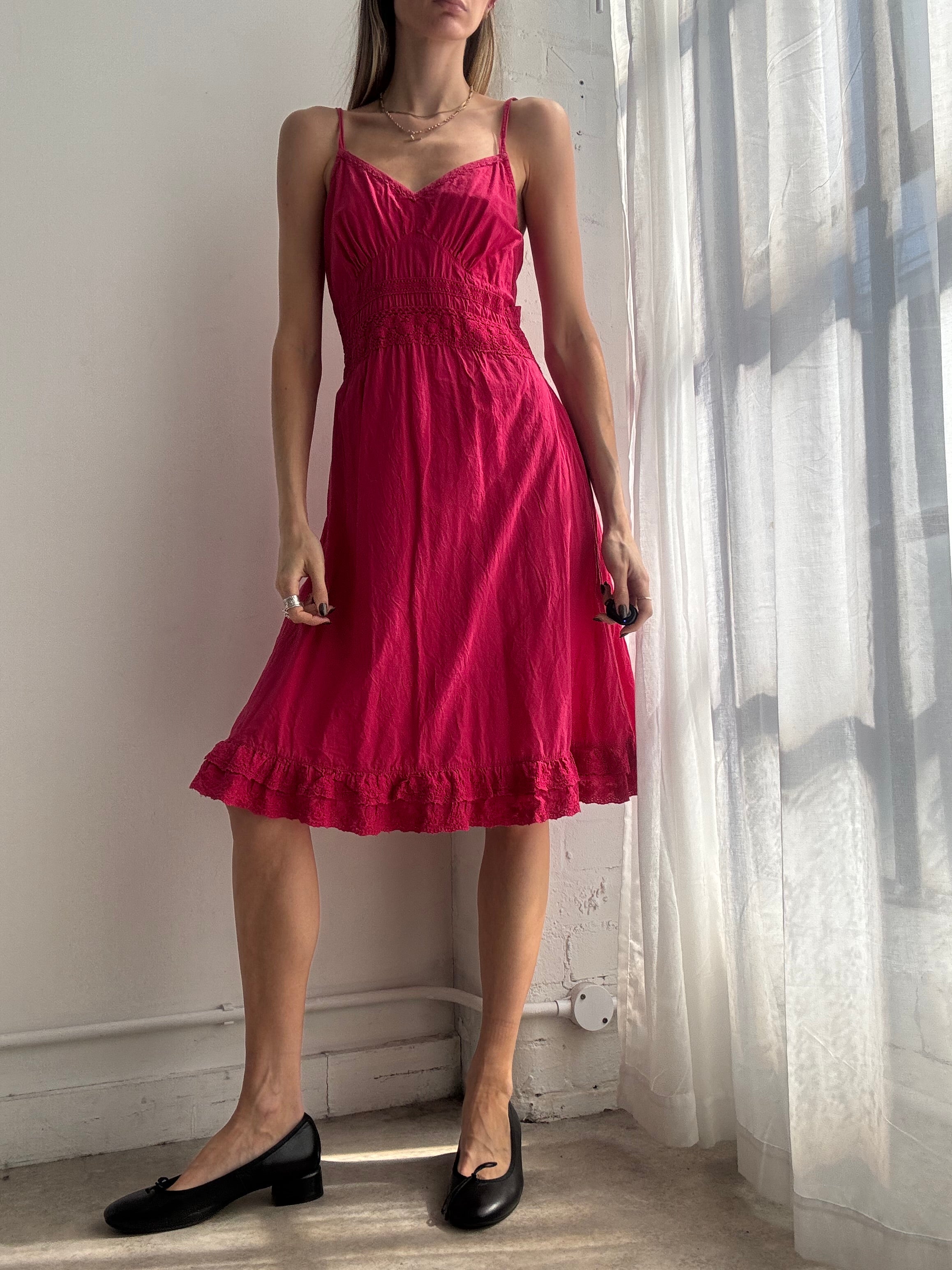 Vintage Y2K raspberry pink cotton midi dress - Size S