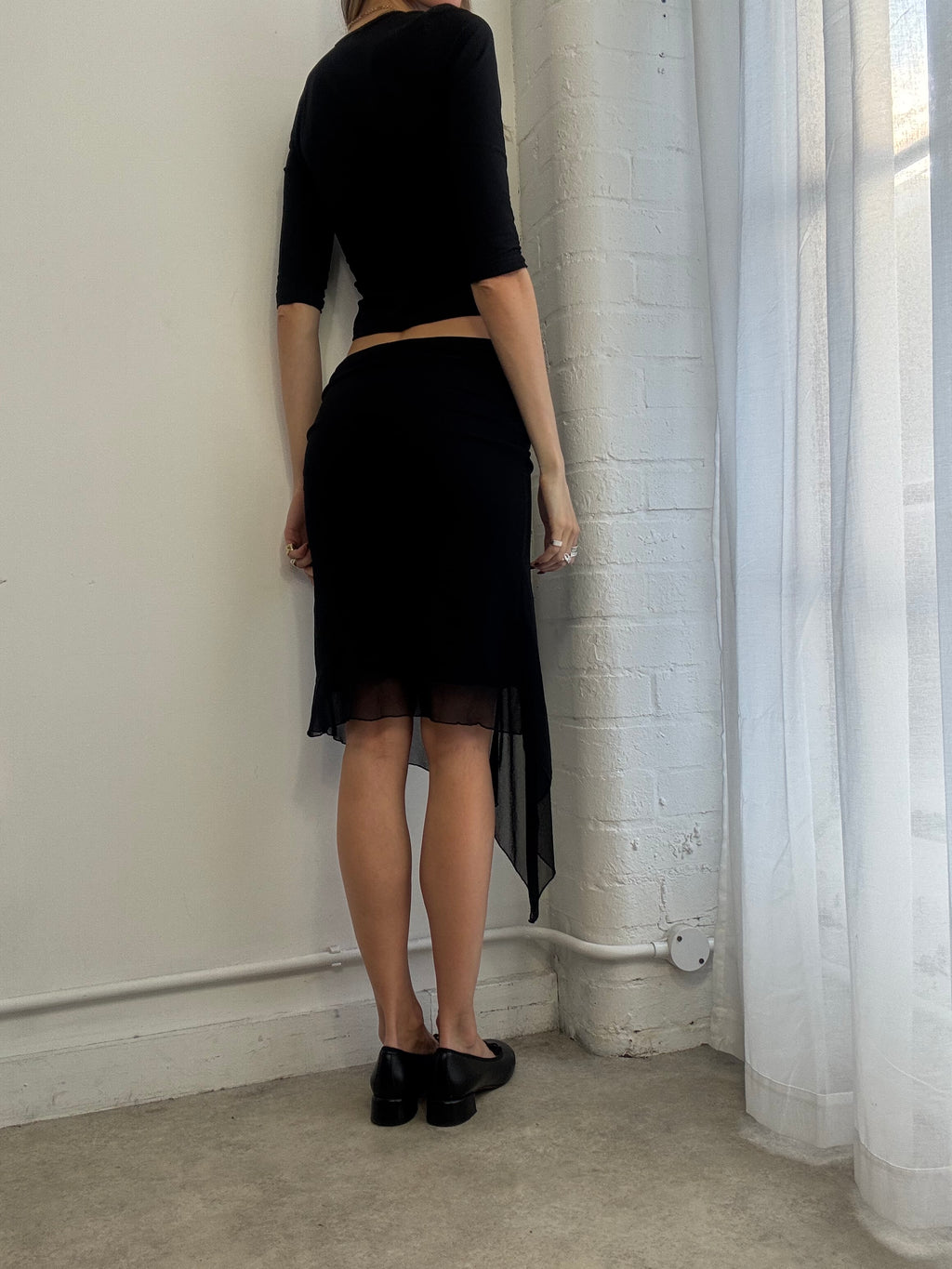Vintage Y2K black mesh asymmetric midi skirt