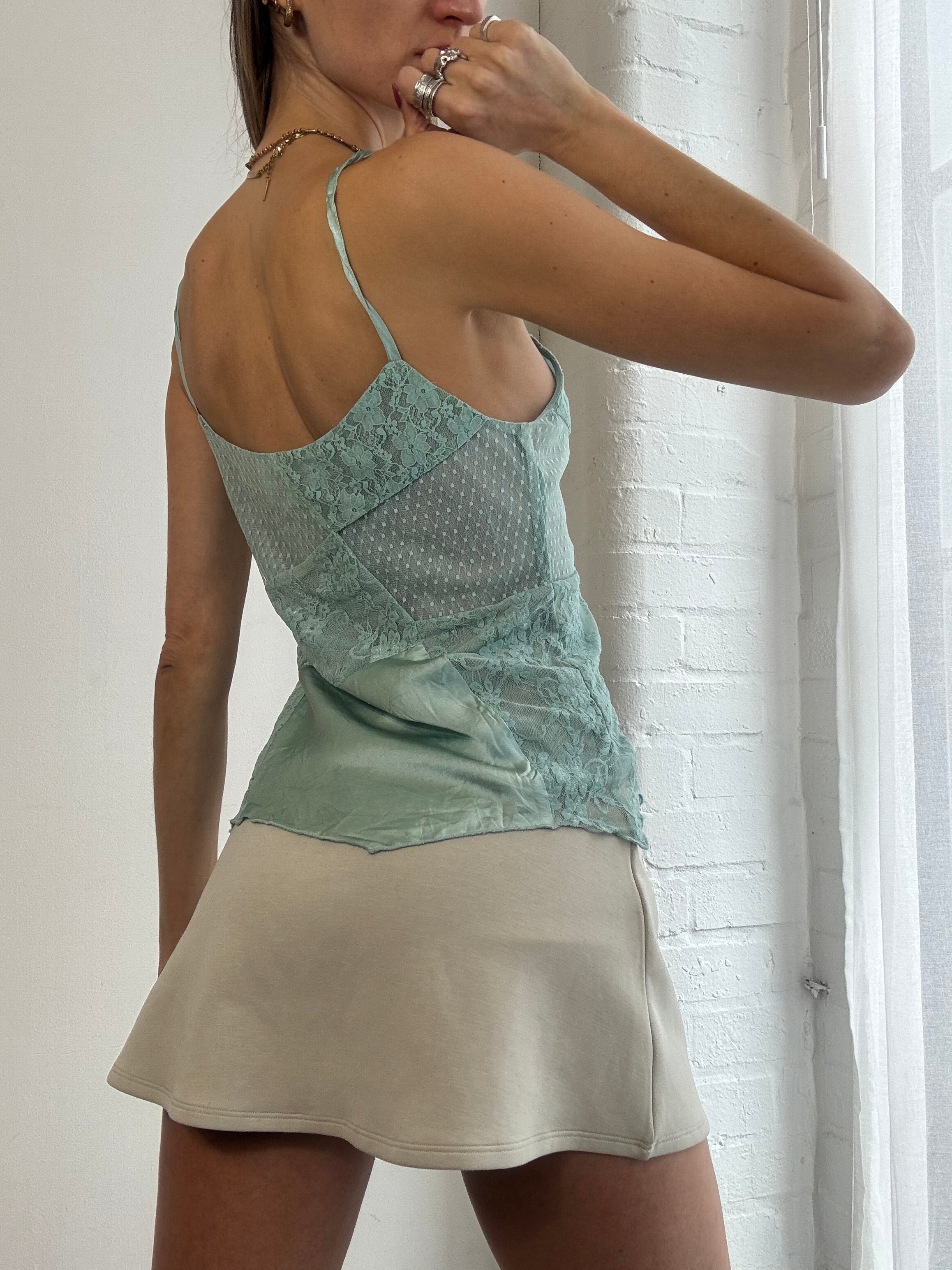 Vintage Y2K teal lace & silk patchwork beaded cami