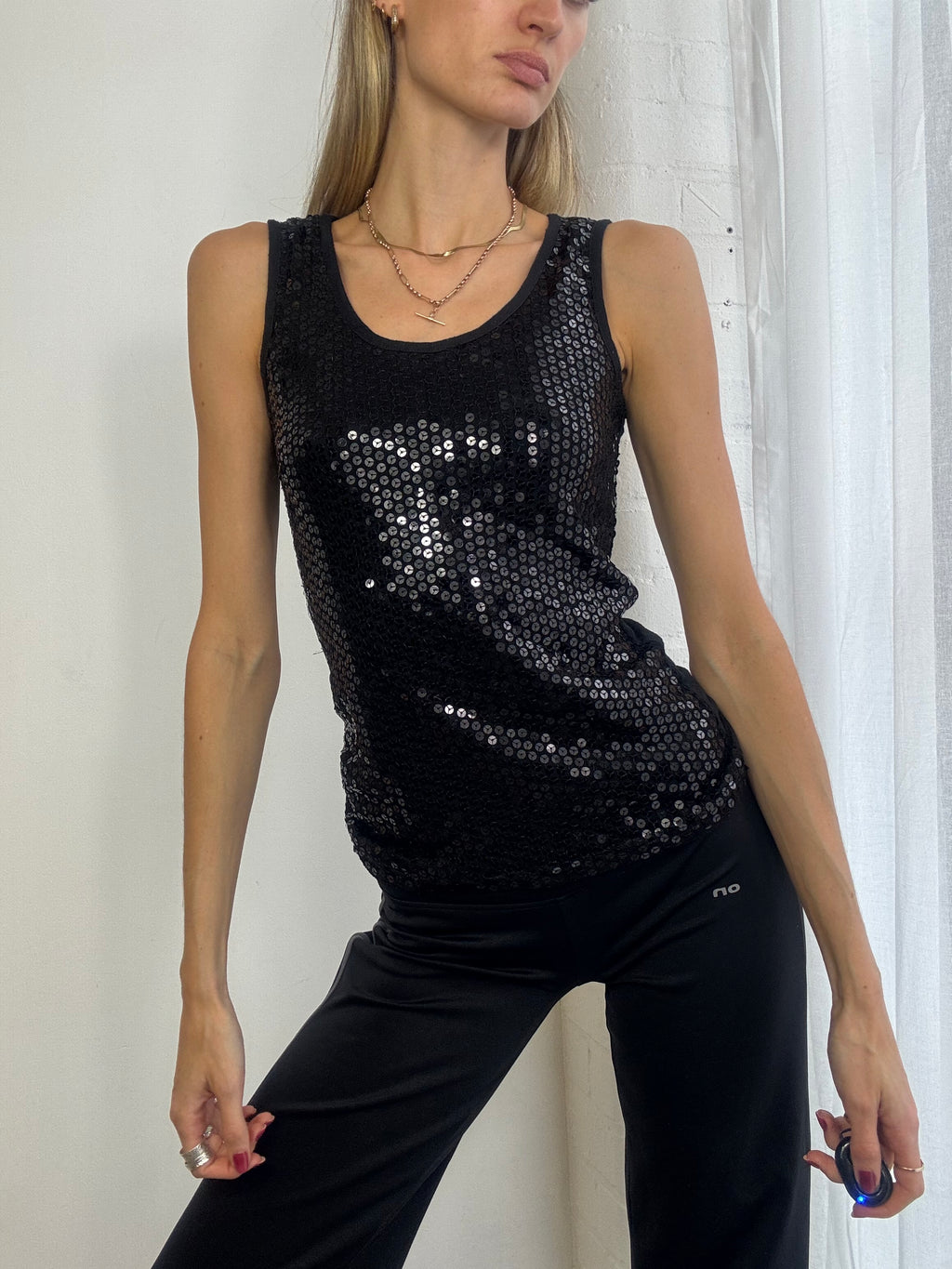 Vintage Y2K black sparkly sequin tank top