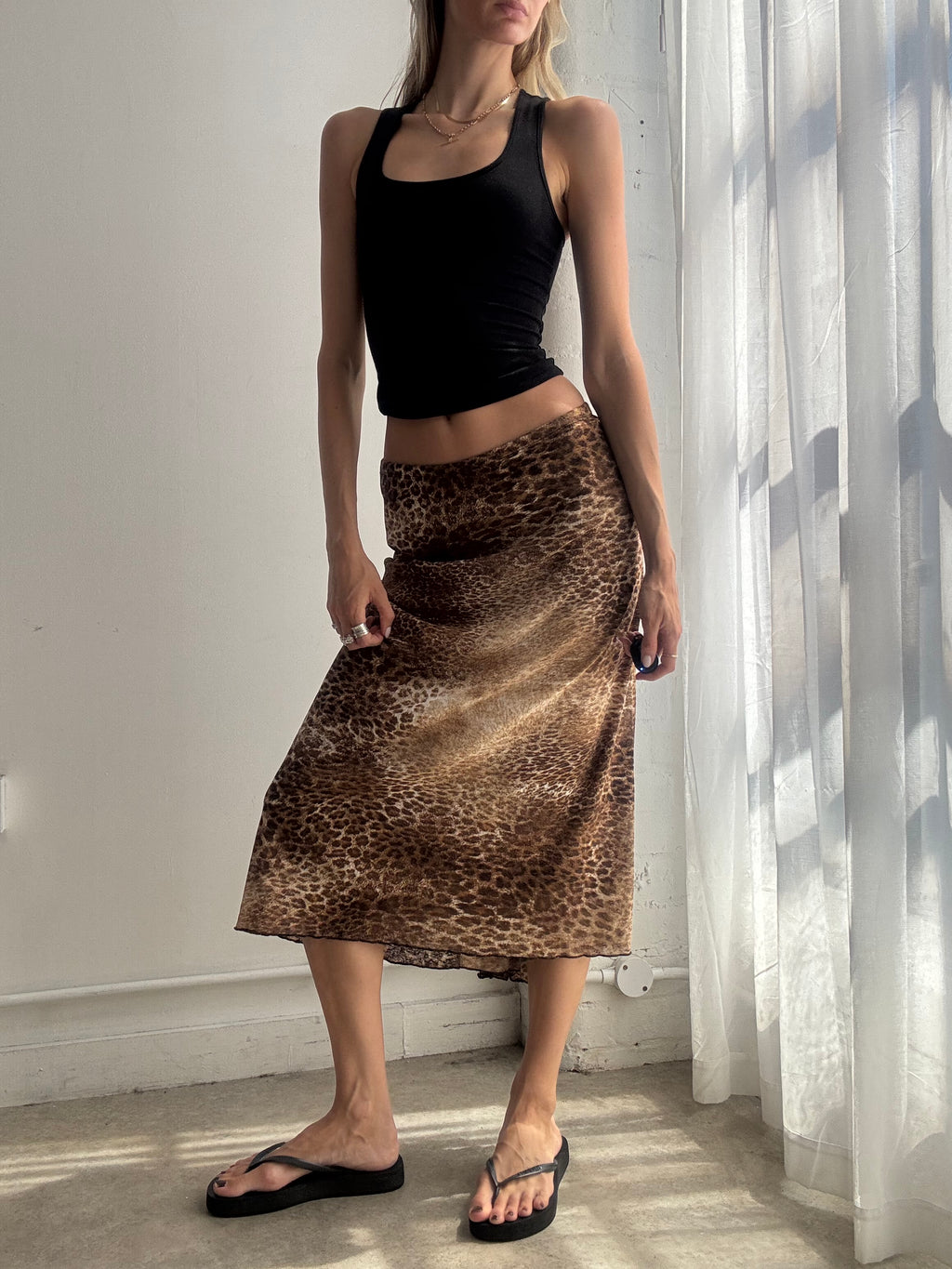 Vintage Leopard Print Mesh Midi Skirt Y2K - Size S/M
