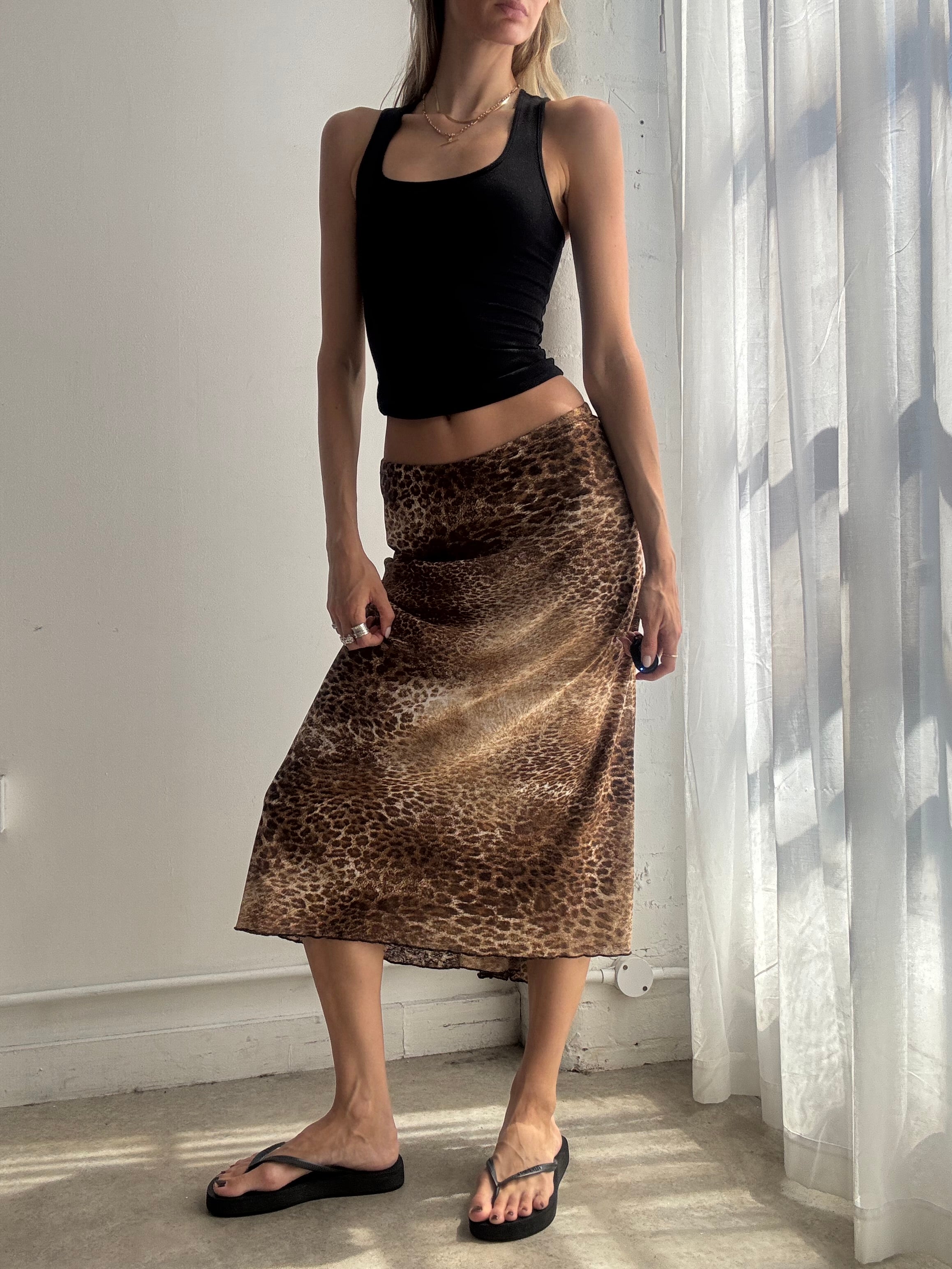 Vintage Leopard Print Mesh Midi Skirt Y2K - Size S/M