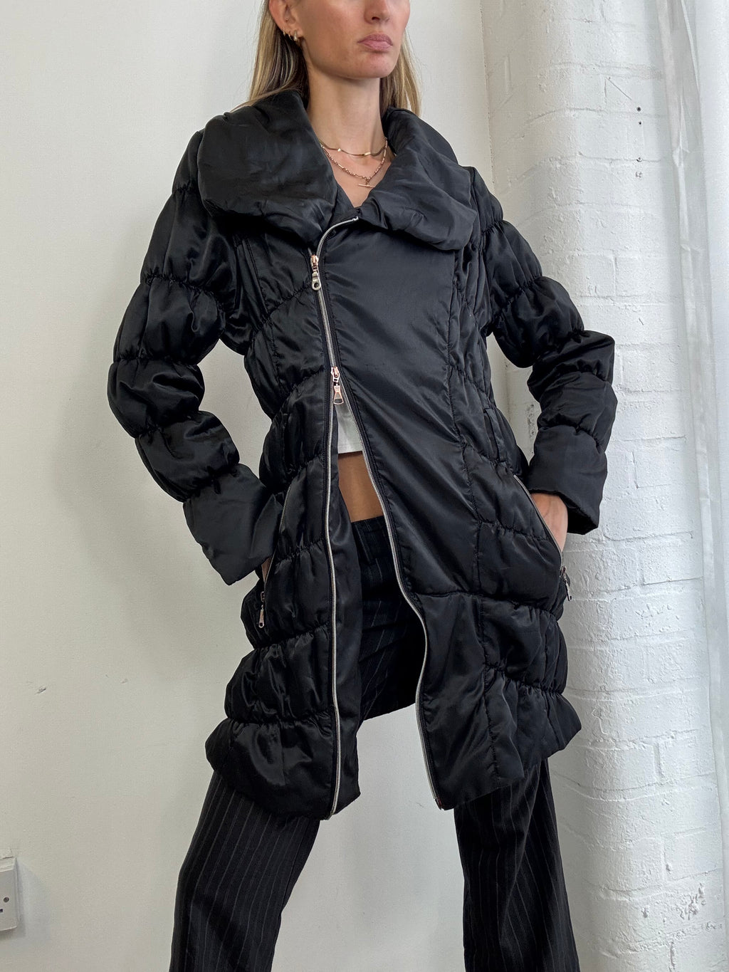Vintage Y2K asymmetric zip up puffer coat black