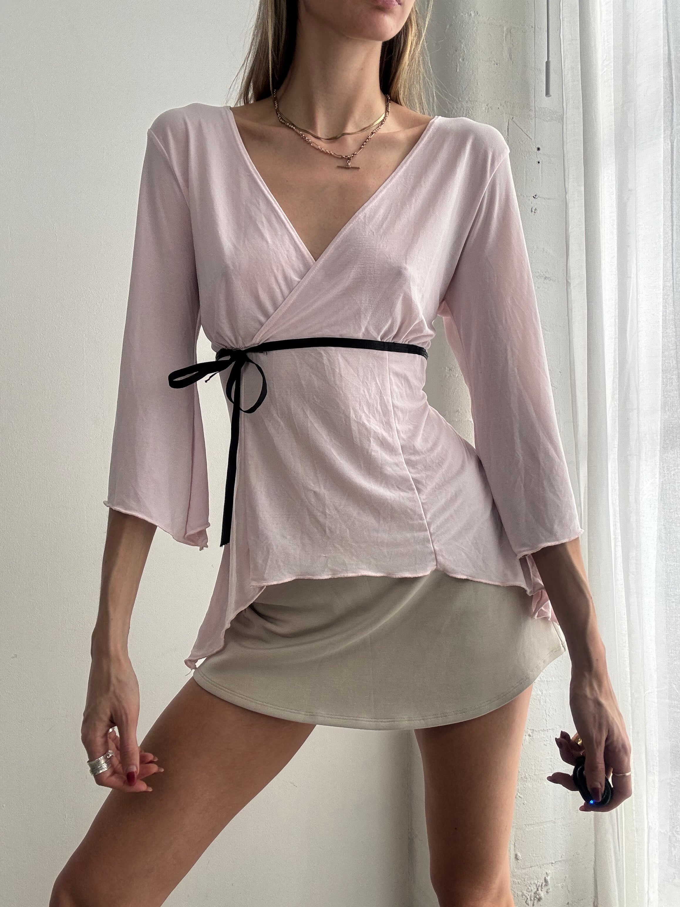 Vintage Y2K blush pink wrap tie top asymmetric