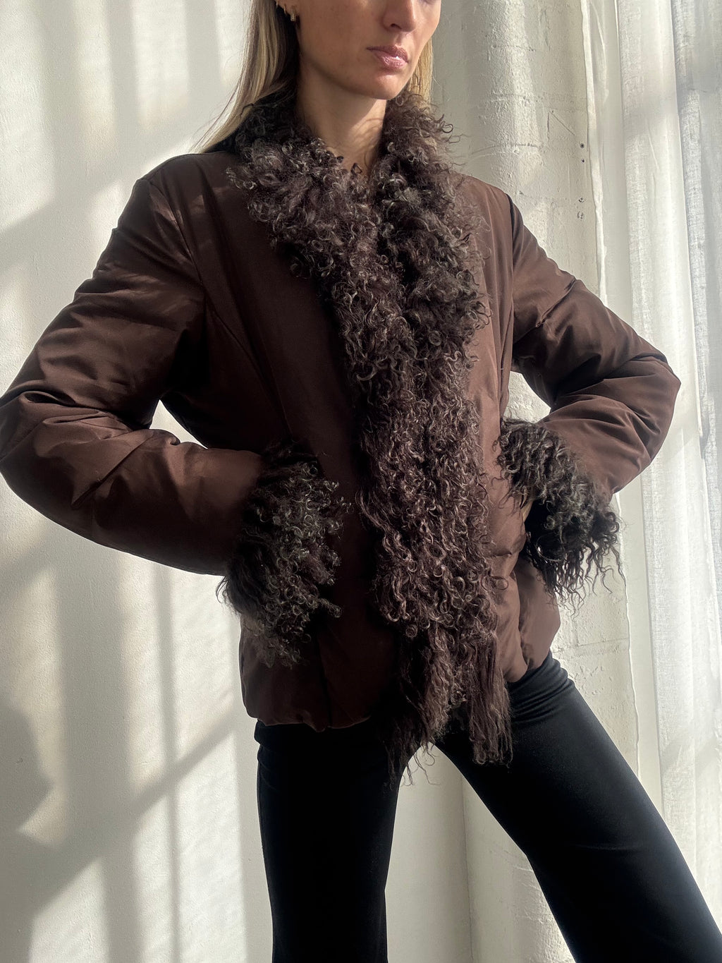 Vintage Y2K Brown Mongolian Fur Trim Penny Lane Jacket - Size S
