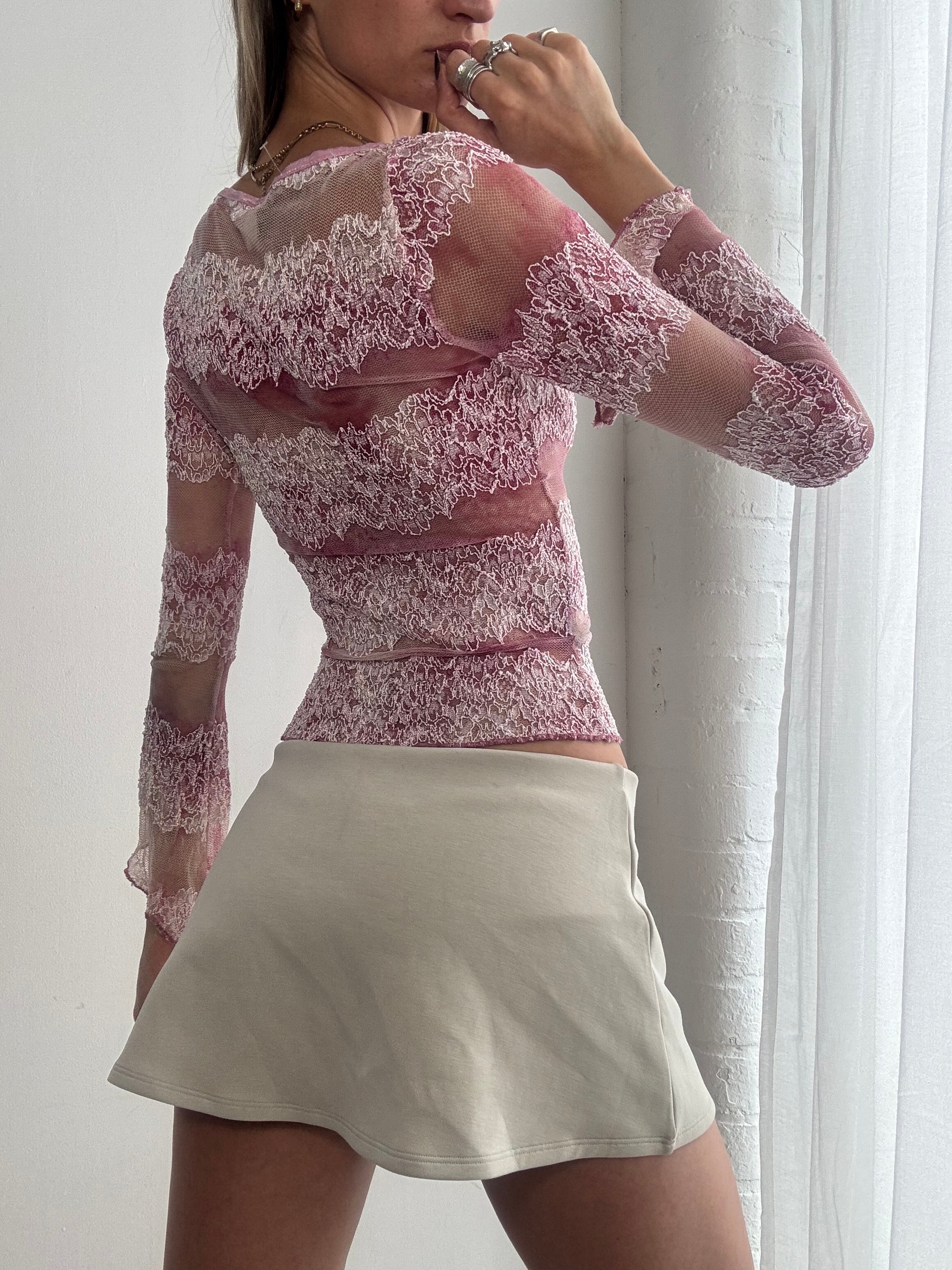 Vintage Y2K pink sheer lace mesh top - Size XS/S