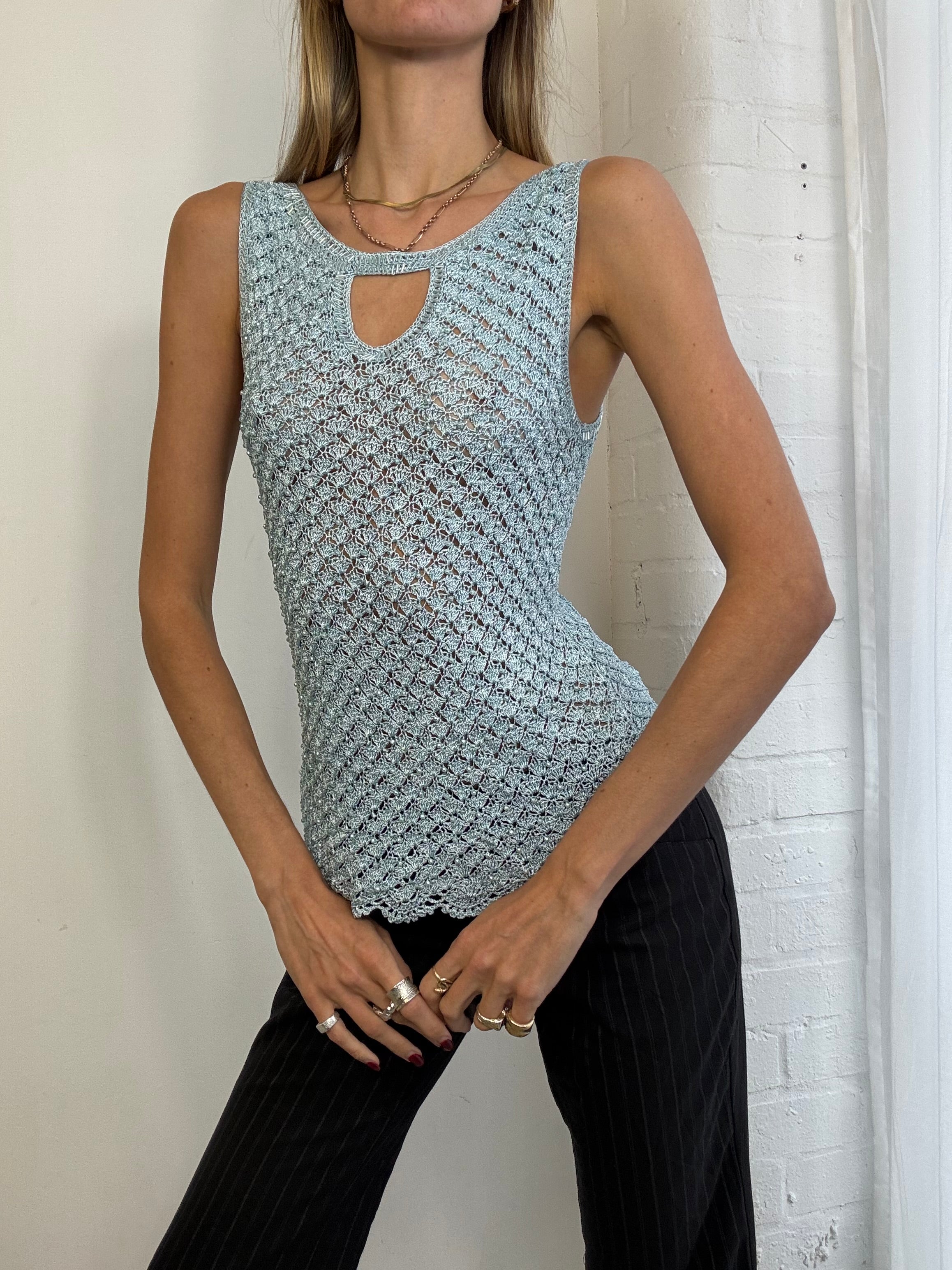 Vintage Y2K blue crochet beaded tank top