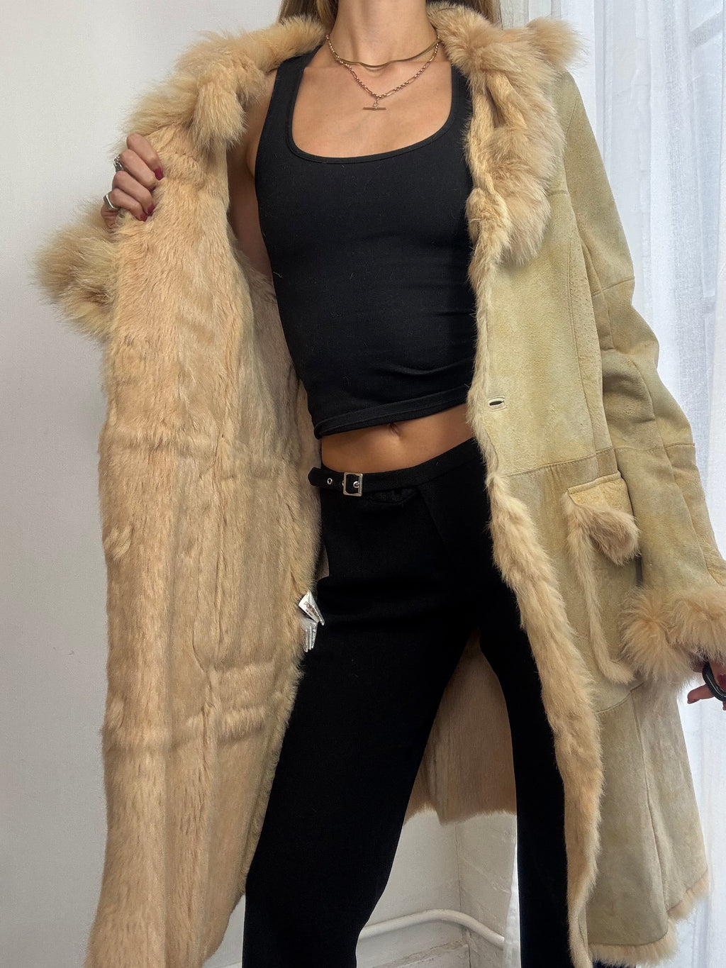 Vintage Y2K cream genuine suede long coat real fur trim
