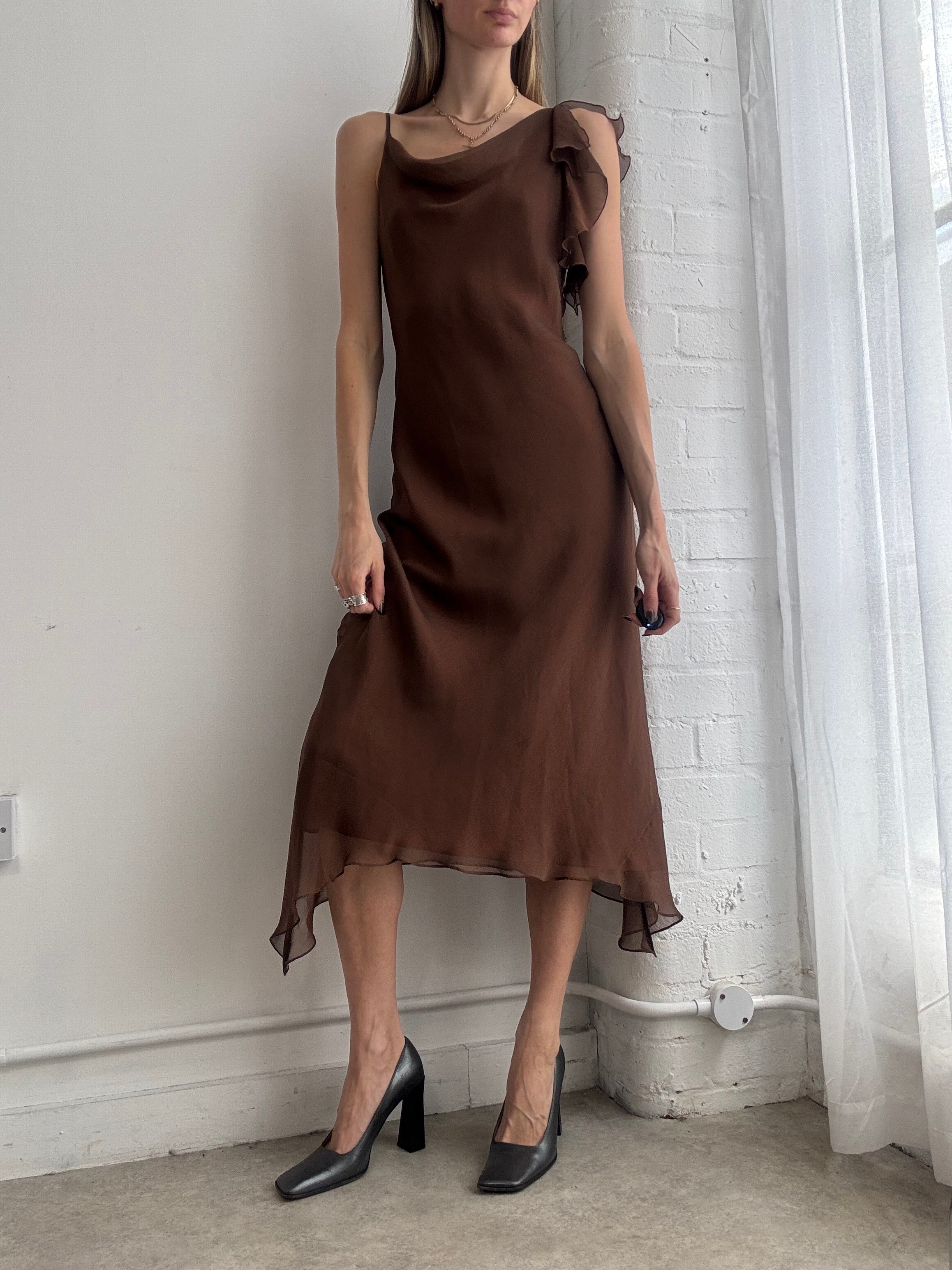 Vintage 90's chocolate brown asymmetric slip midi dress - Size M