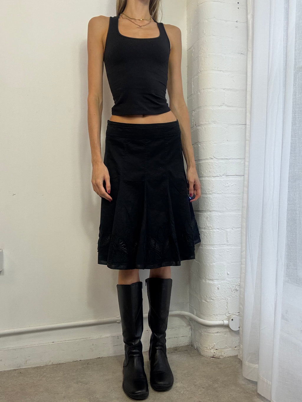 Vintage Y2K embroidered floral black cotton midi skirt