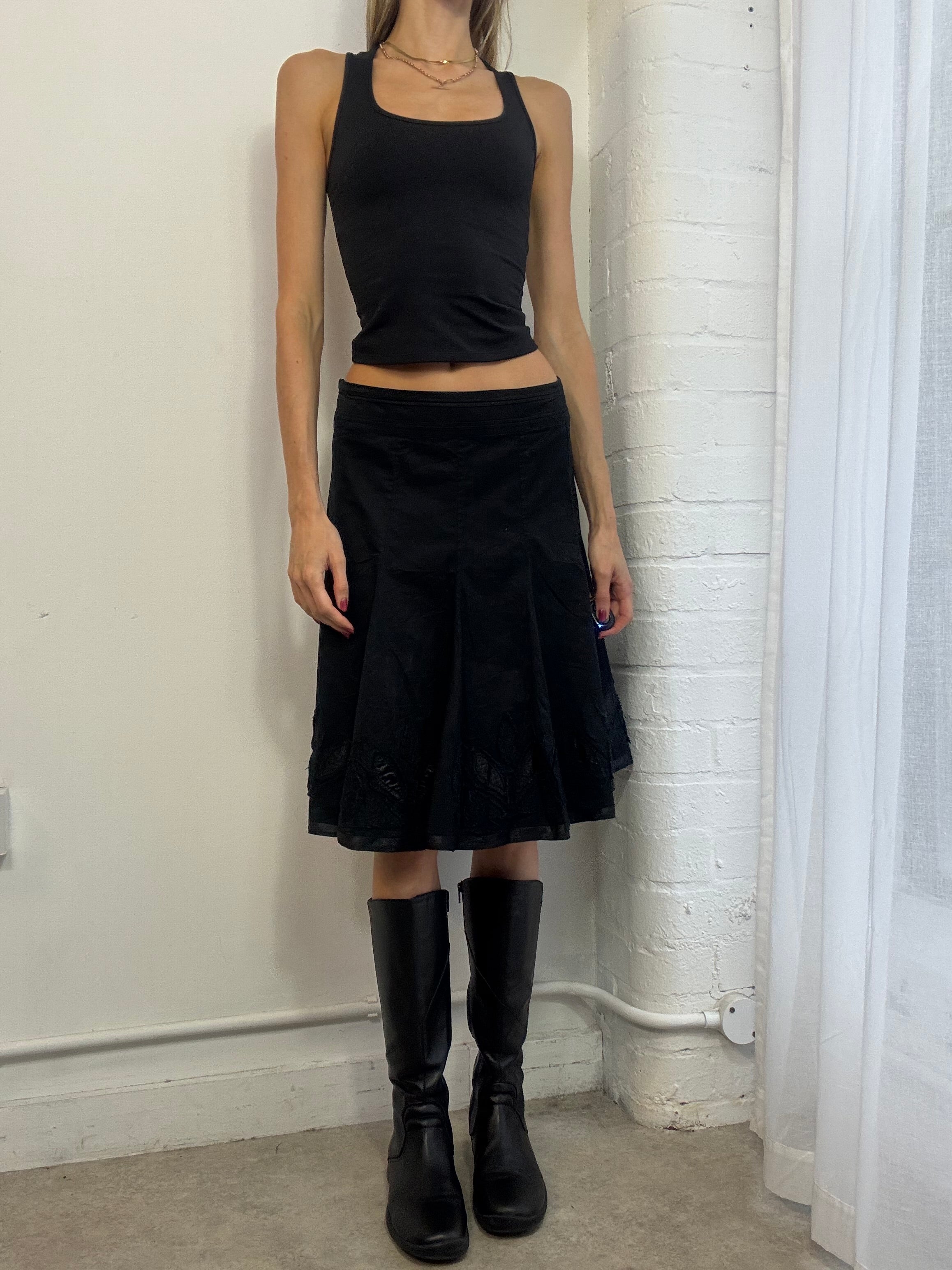 Vintage Y2K embroidered floral black cotton midi skirt