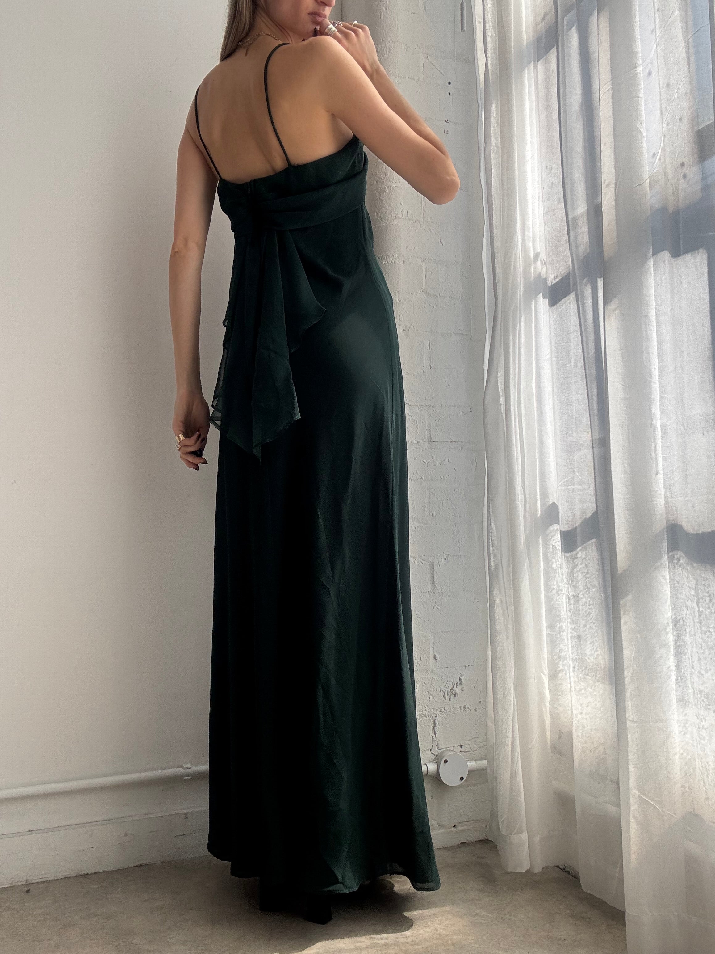 Vintage Y2K dark green draped mesh maxi dress - Size L