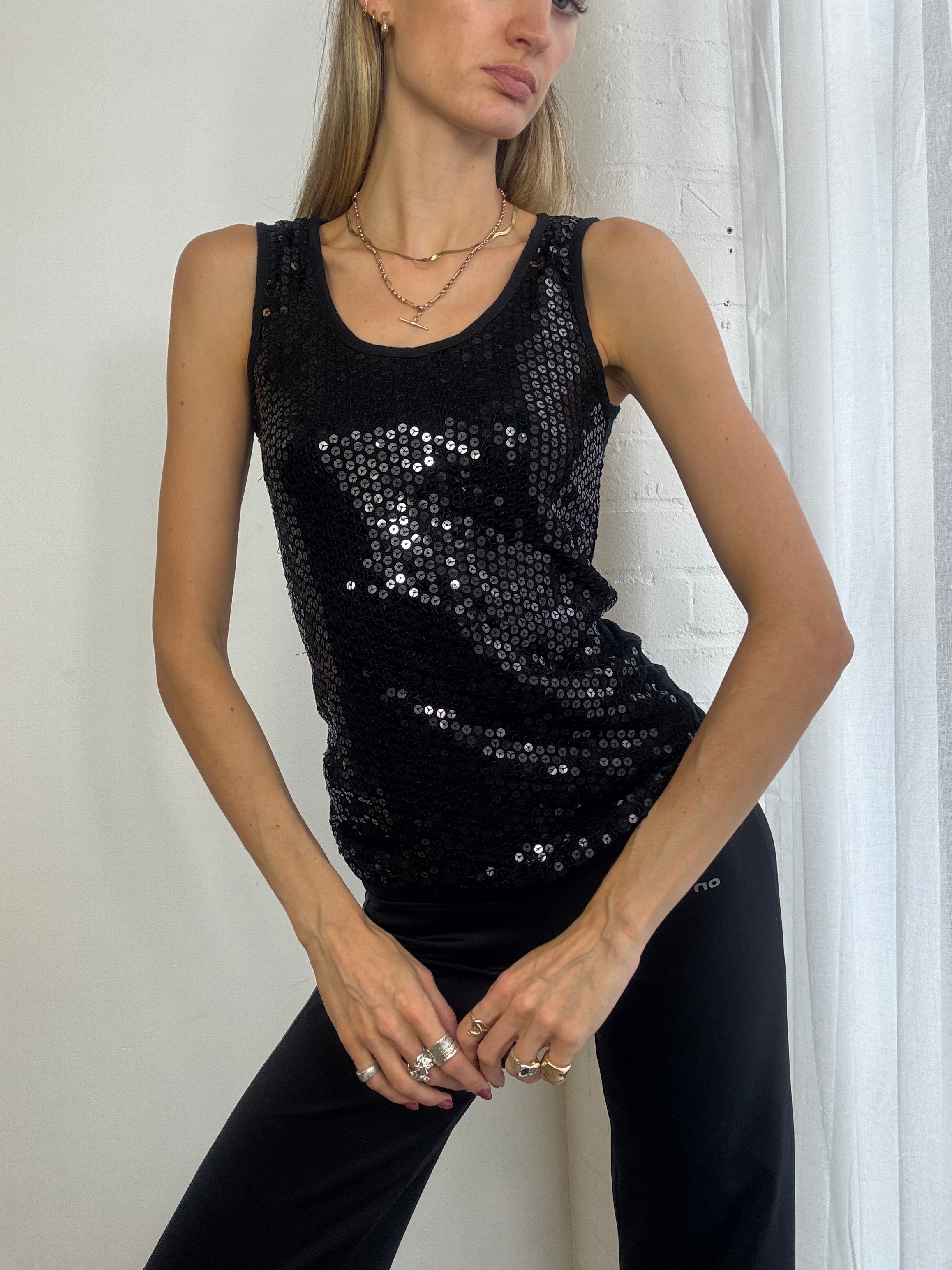 Vintage Y2K black sparkly sequin tank top