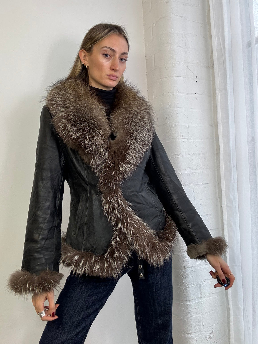 Vintage Y2K Afghan jacket black with brown fur trim