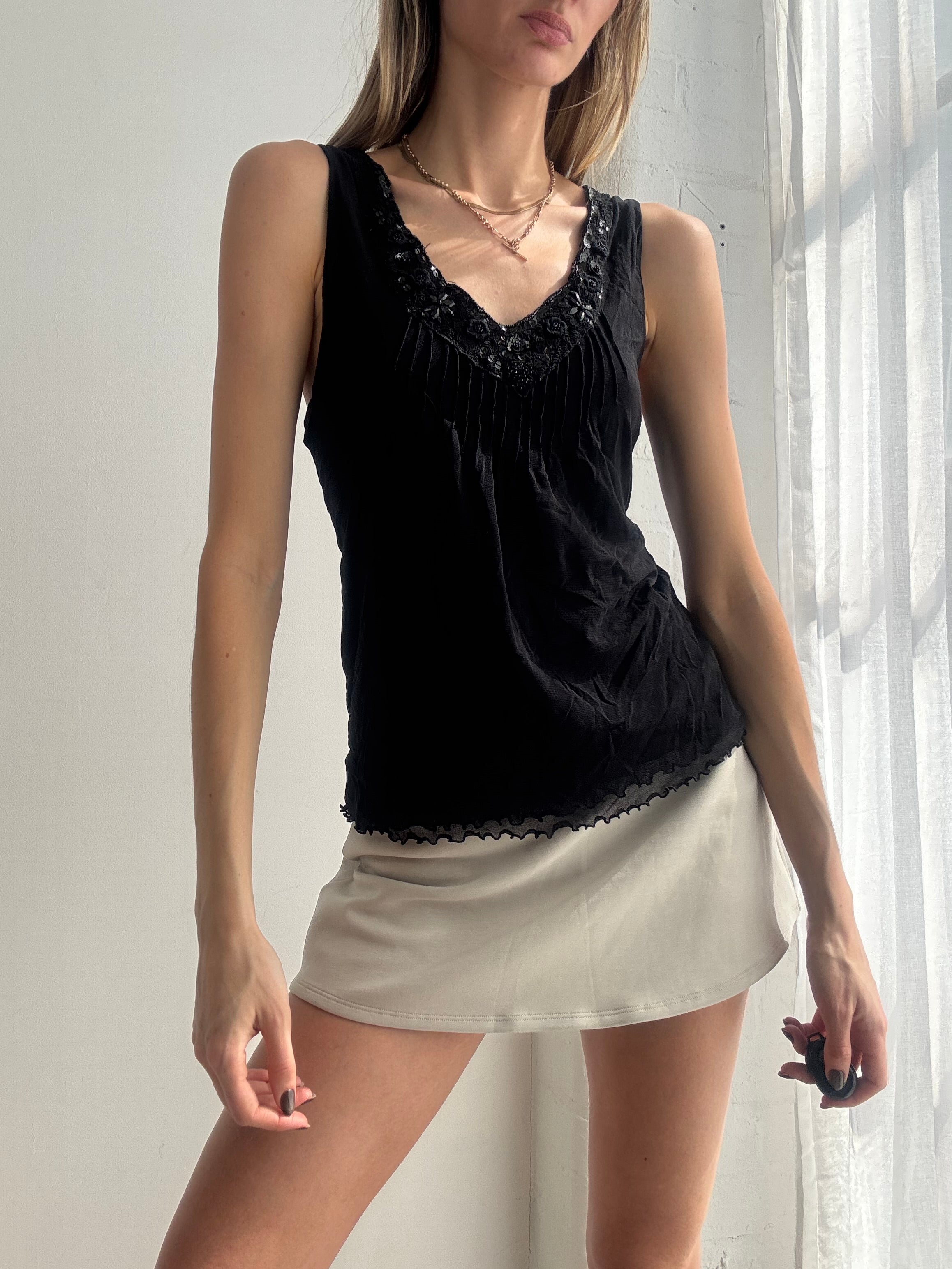 Vintage Y2K black mesh lace trim sequin cami top
