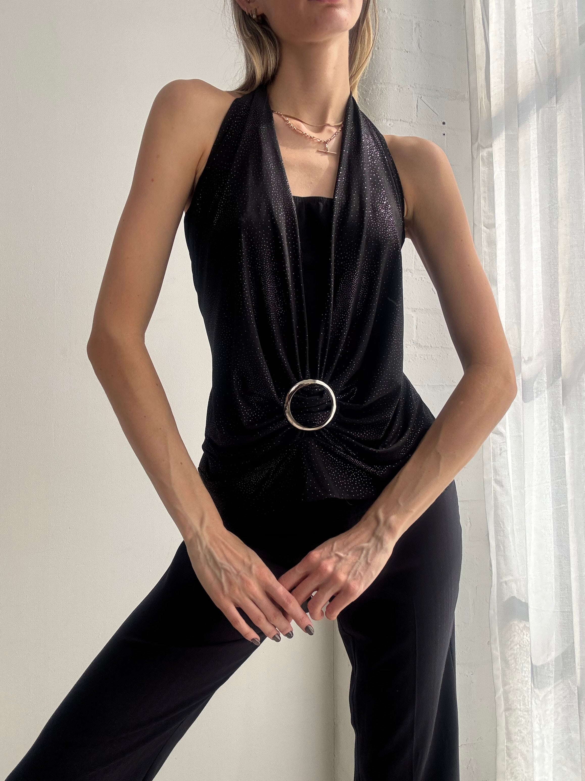 Vintage Y2K black sparkly halter draped top with statement ring detail