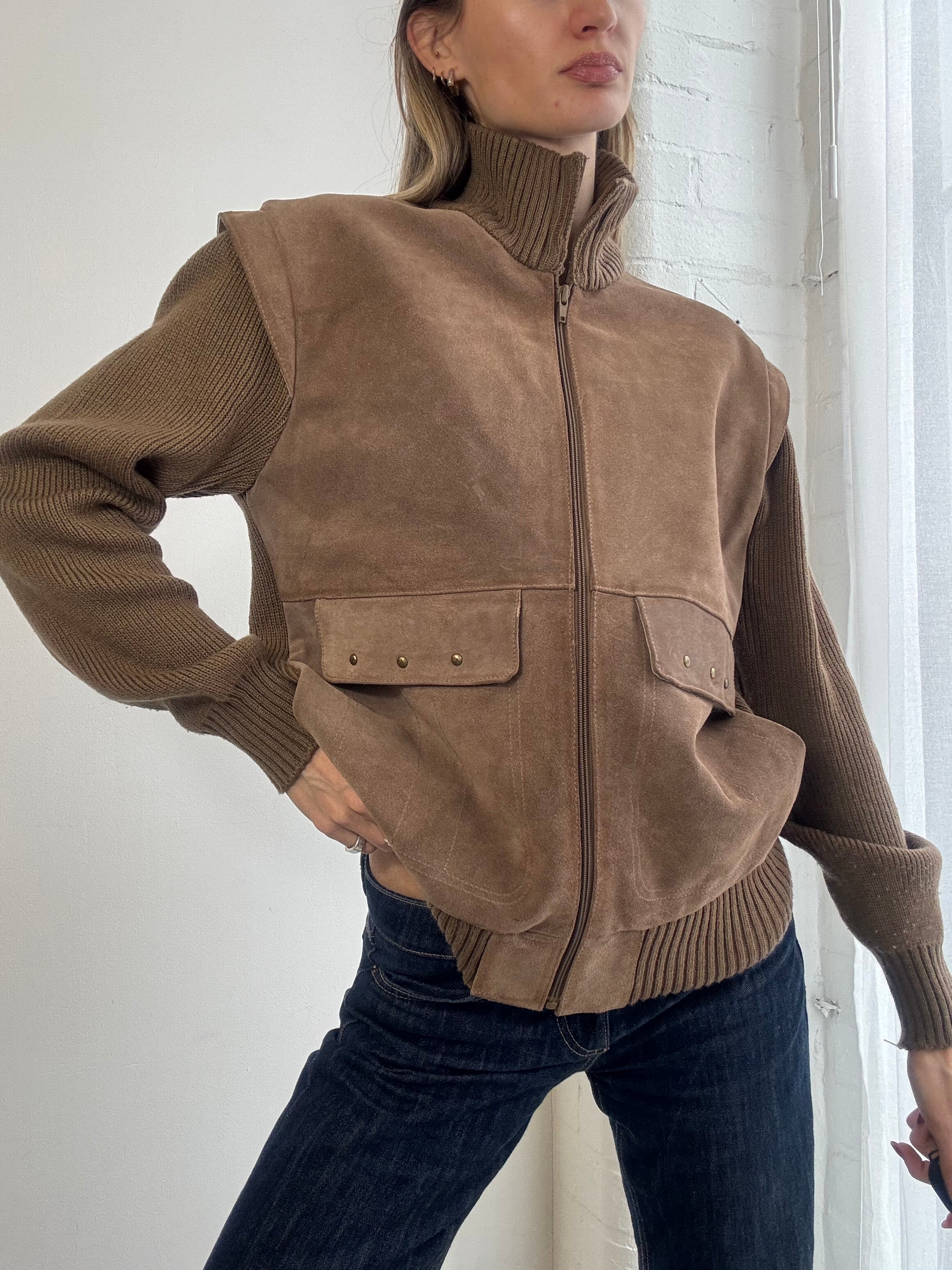 Vintage Y2K brown suede and knit zip jacket