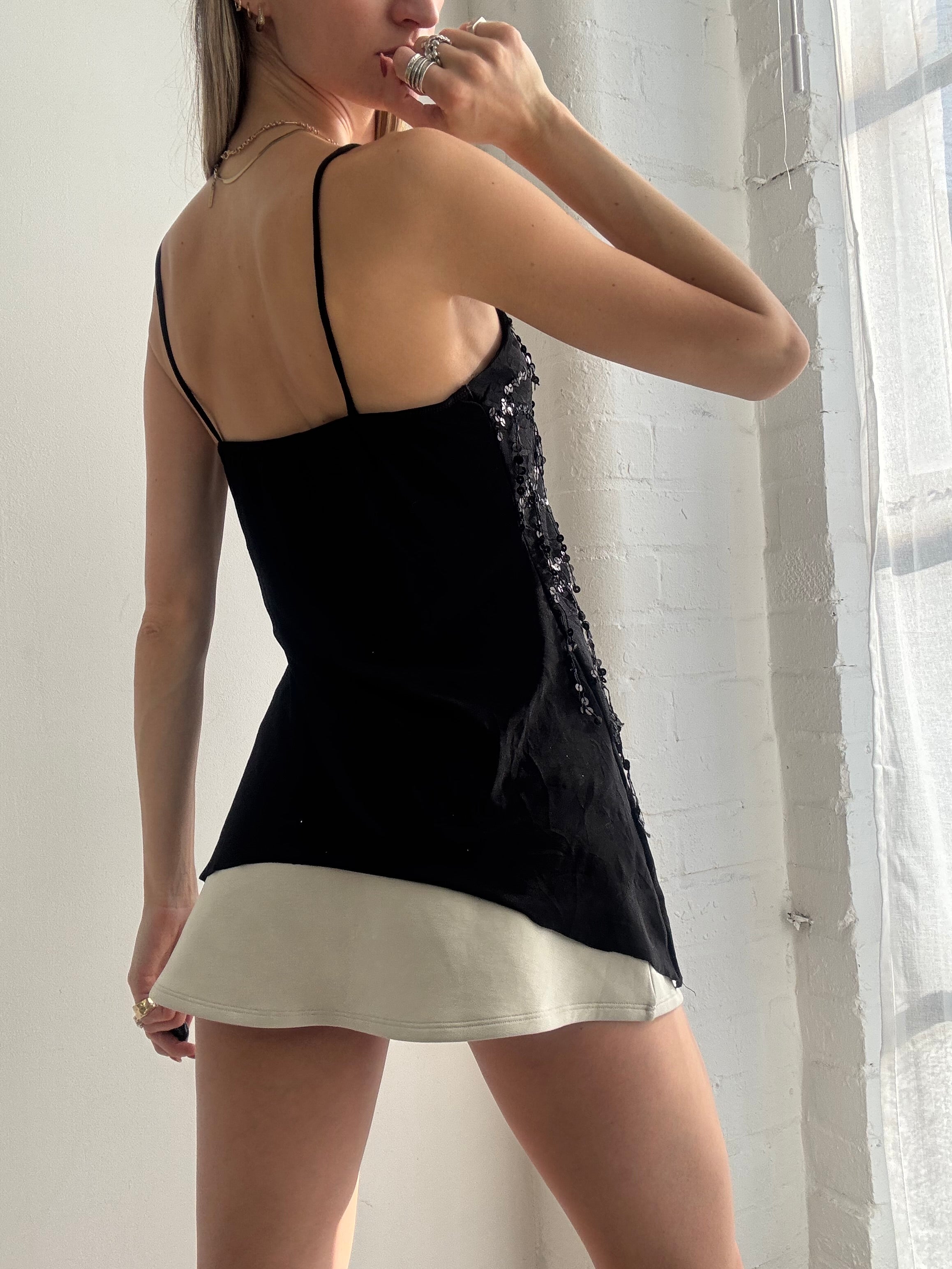 Vintage Y2k Black Sequin Asymmetric Cami Top