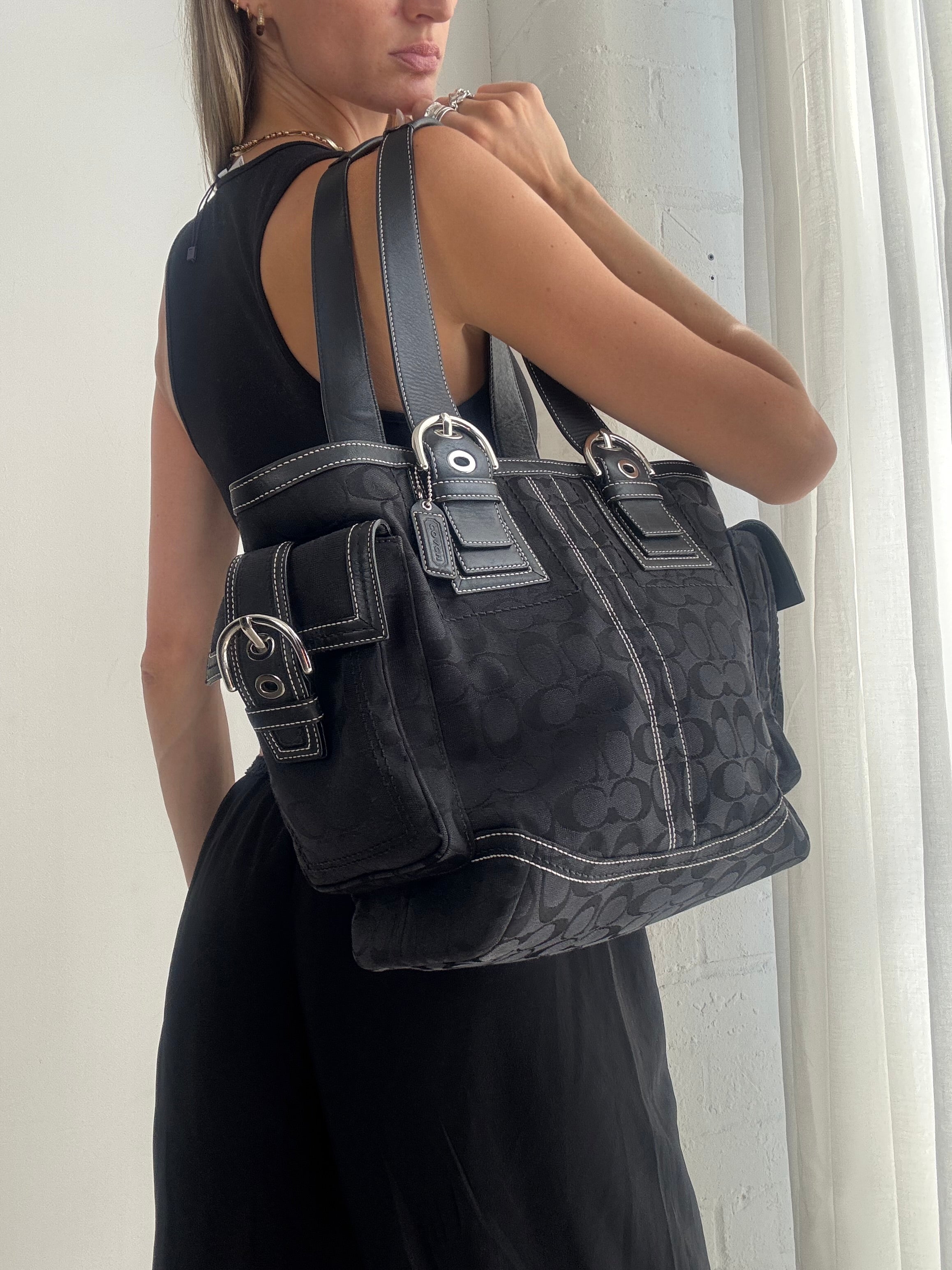 Vintage Y2K Coach Signature Tote Bag – Black Monogram Canvas Shoulder Handbag