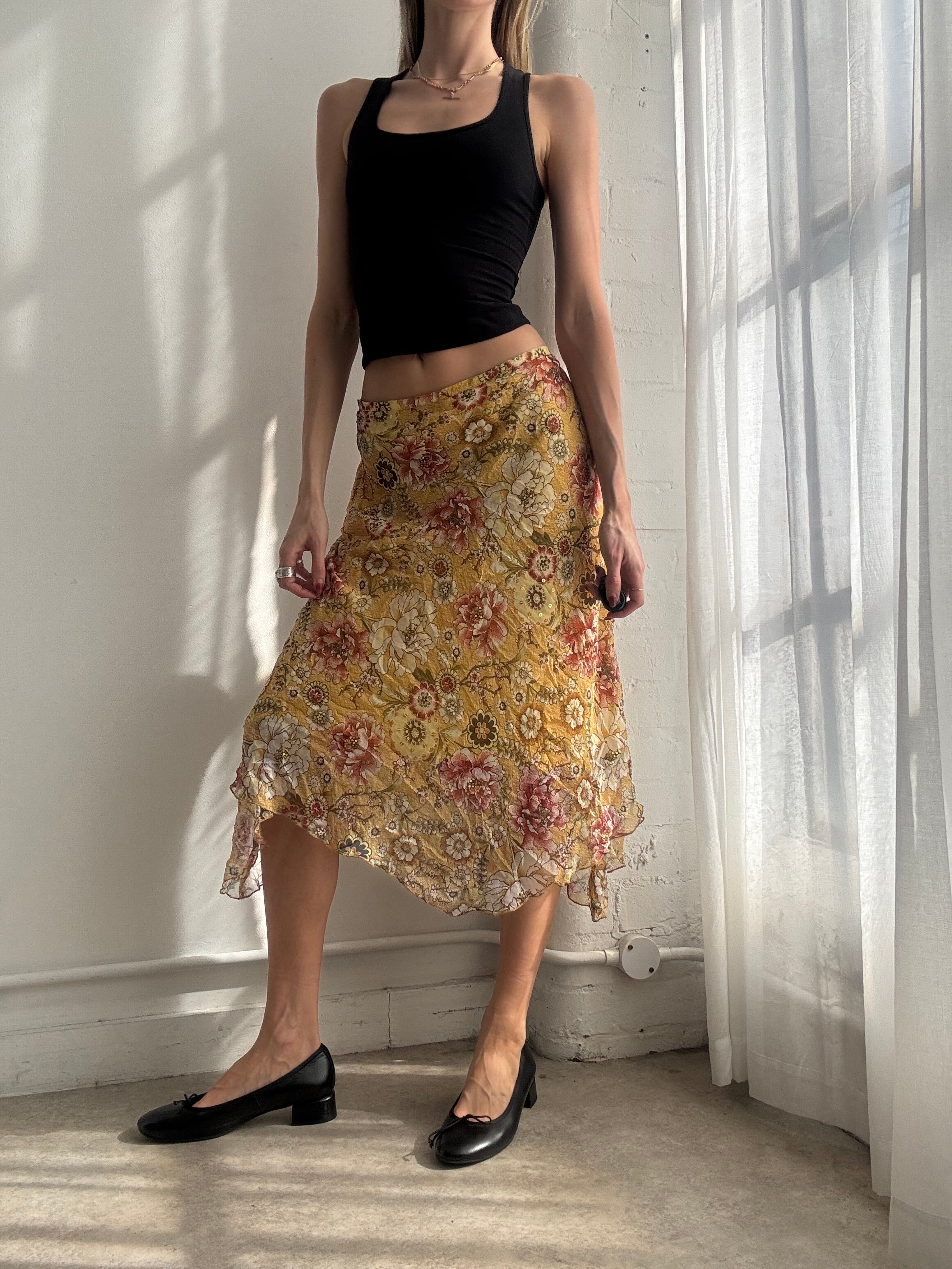 Vintage Y2K yellow silk floral beaded midi skirt asymmetric fairy