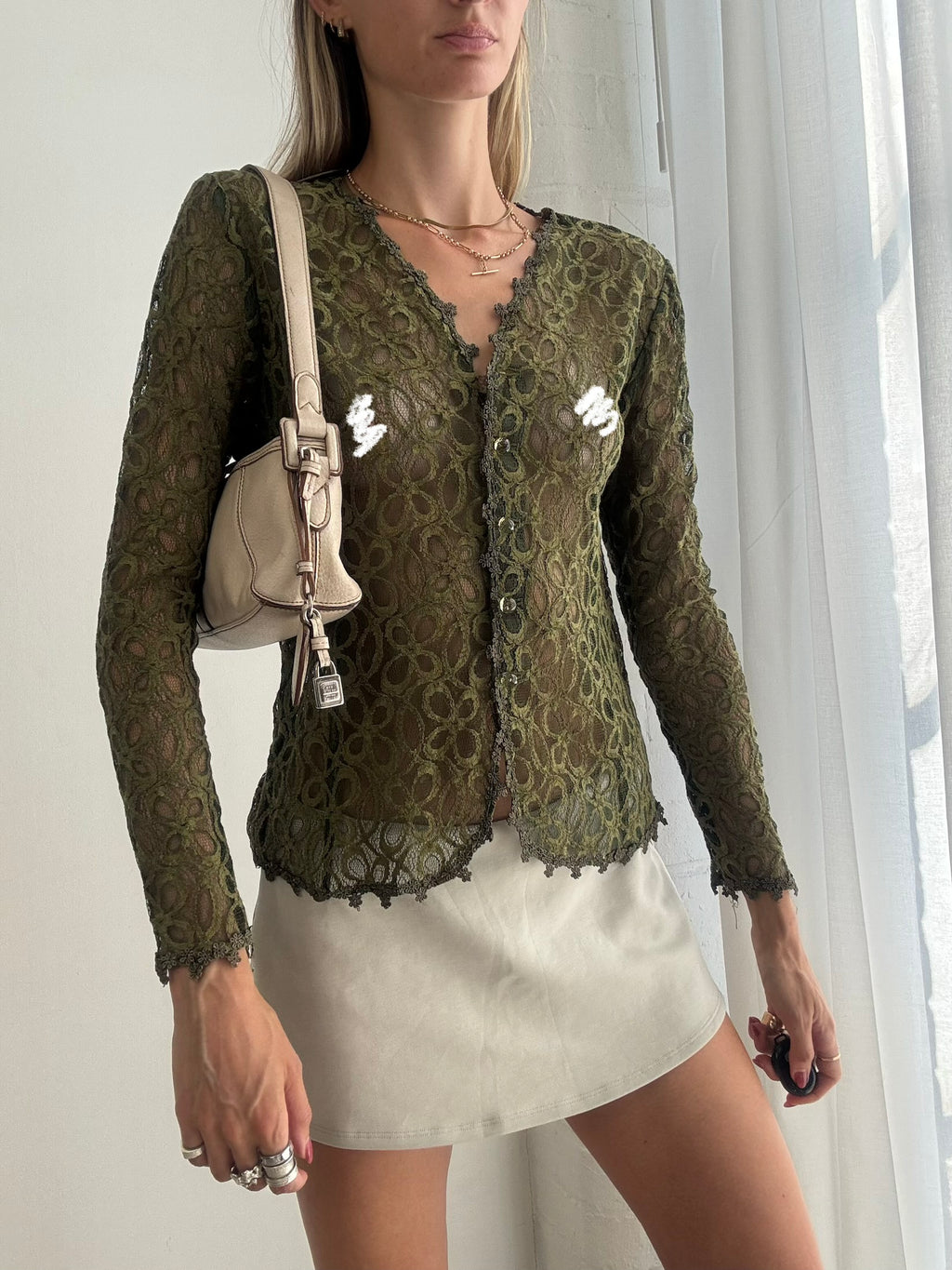 Vintage Y2K Khaki Green Lace Cardigan – Sheer Top - Size S