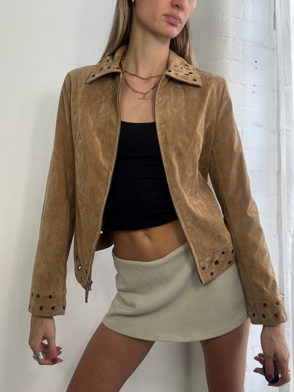 Vintage Y2K tan faux suede studded jacket