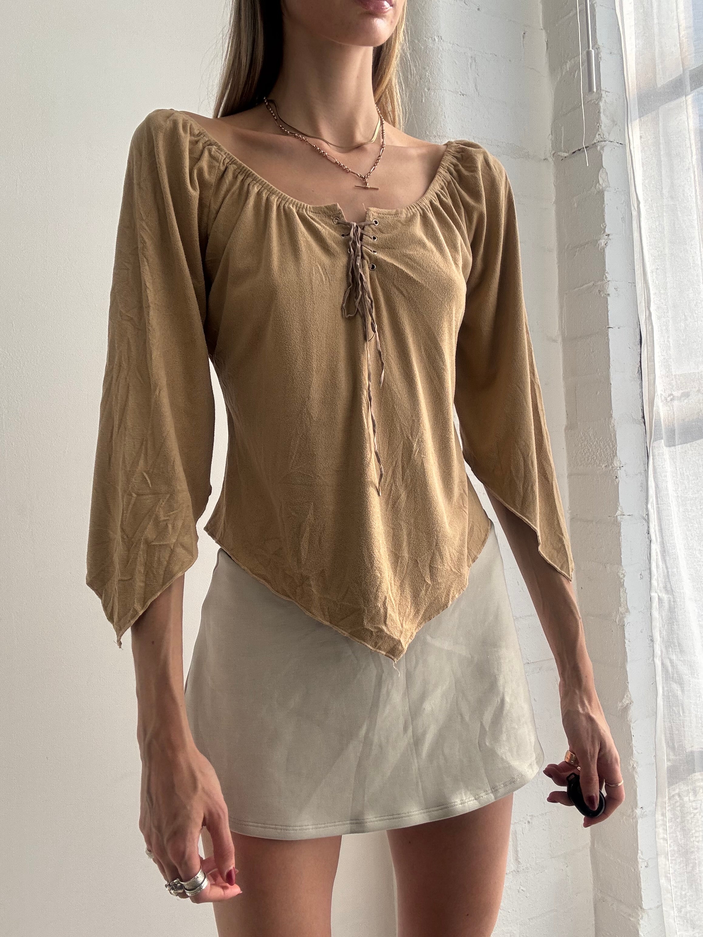 Vintage Y2k Faux Suede Asymmetric Top Boho