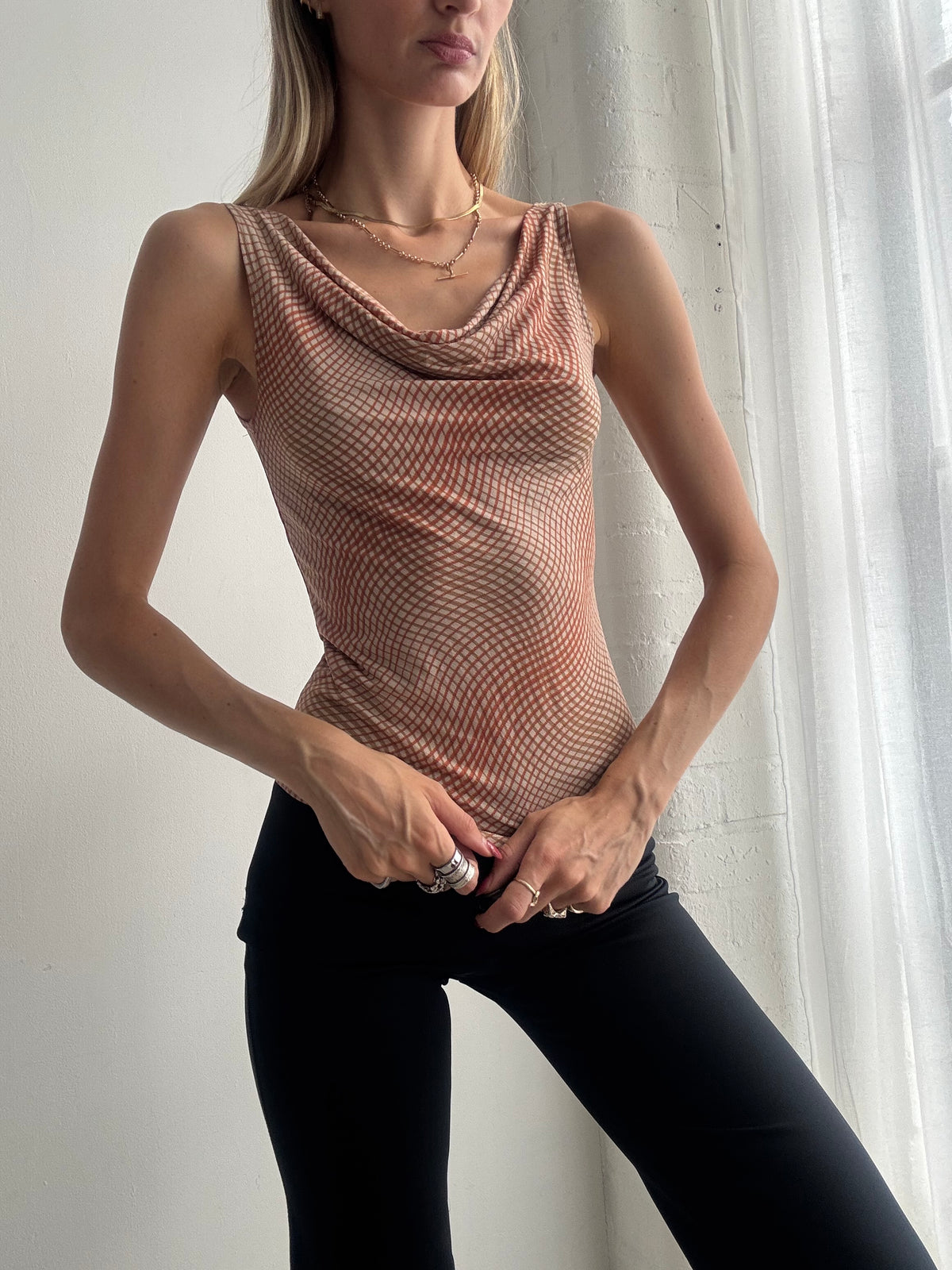 Vintage Y2K Abstract Print Peach Cowl Neck Top - Size XS/S