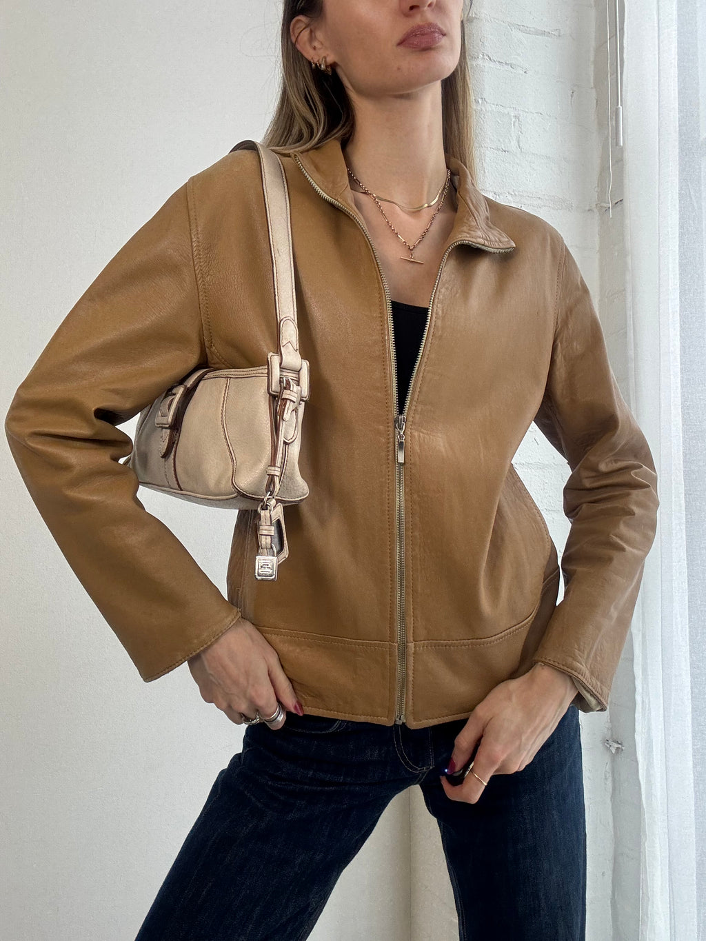 Vintage Y2K tan leather zip jacket