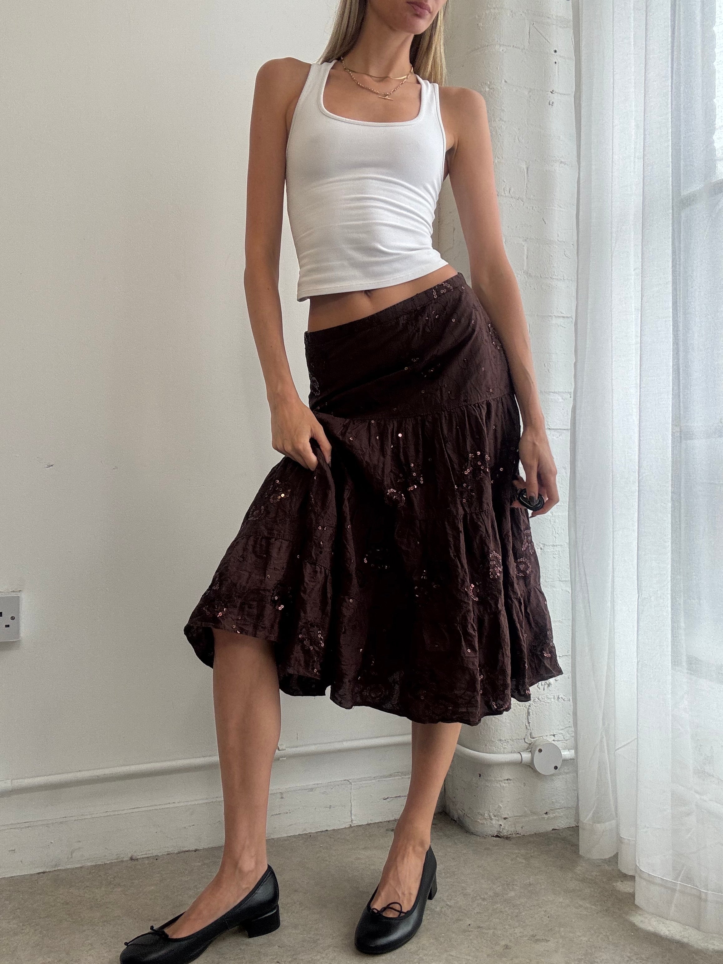 Vintage Y2K brown sequin tiered cotton midi skirt - Size XS/S