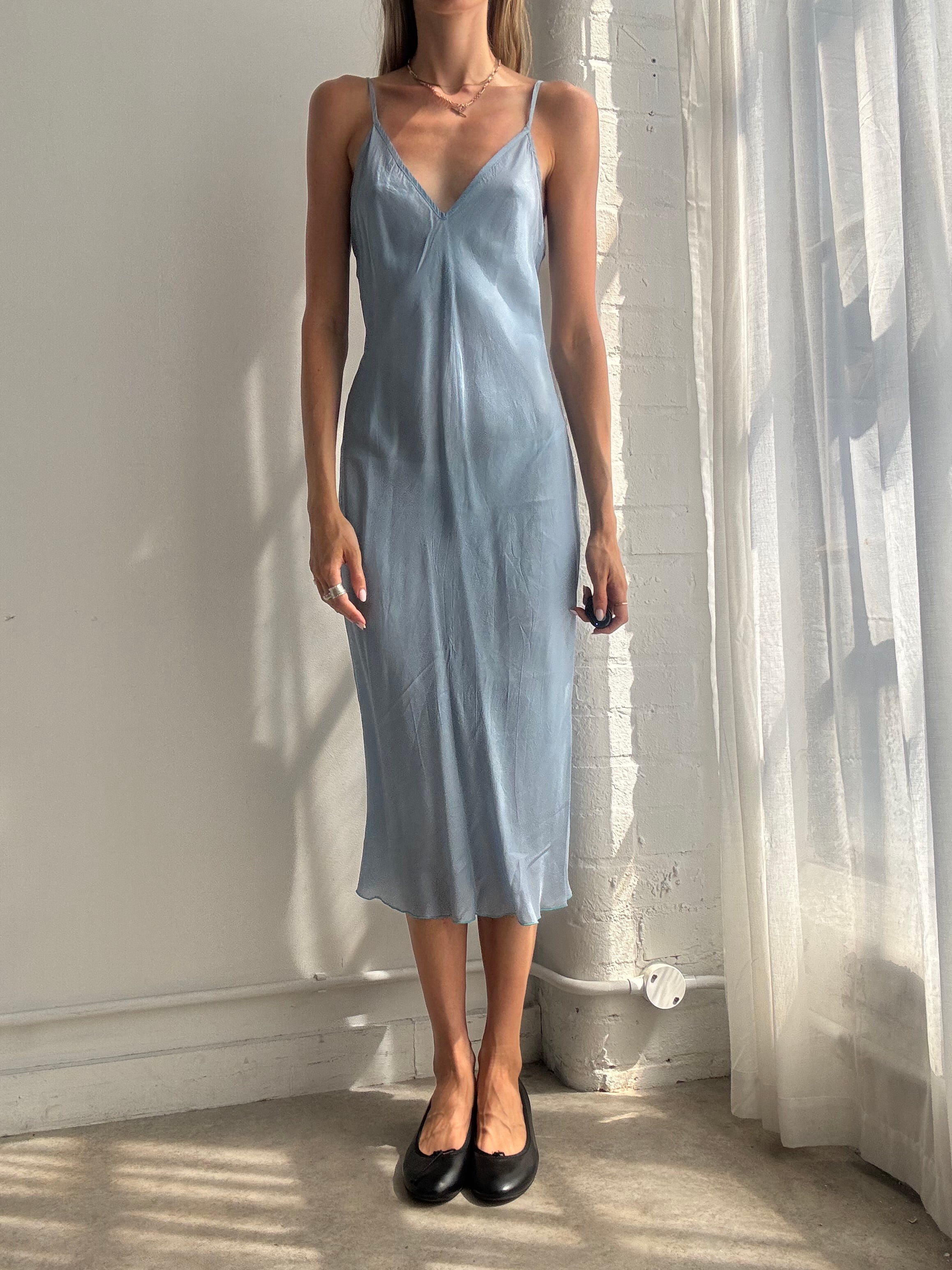 Vintage Y2K Ice Blue Satin Slip Dress - Size S