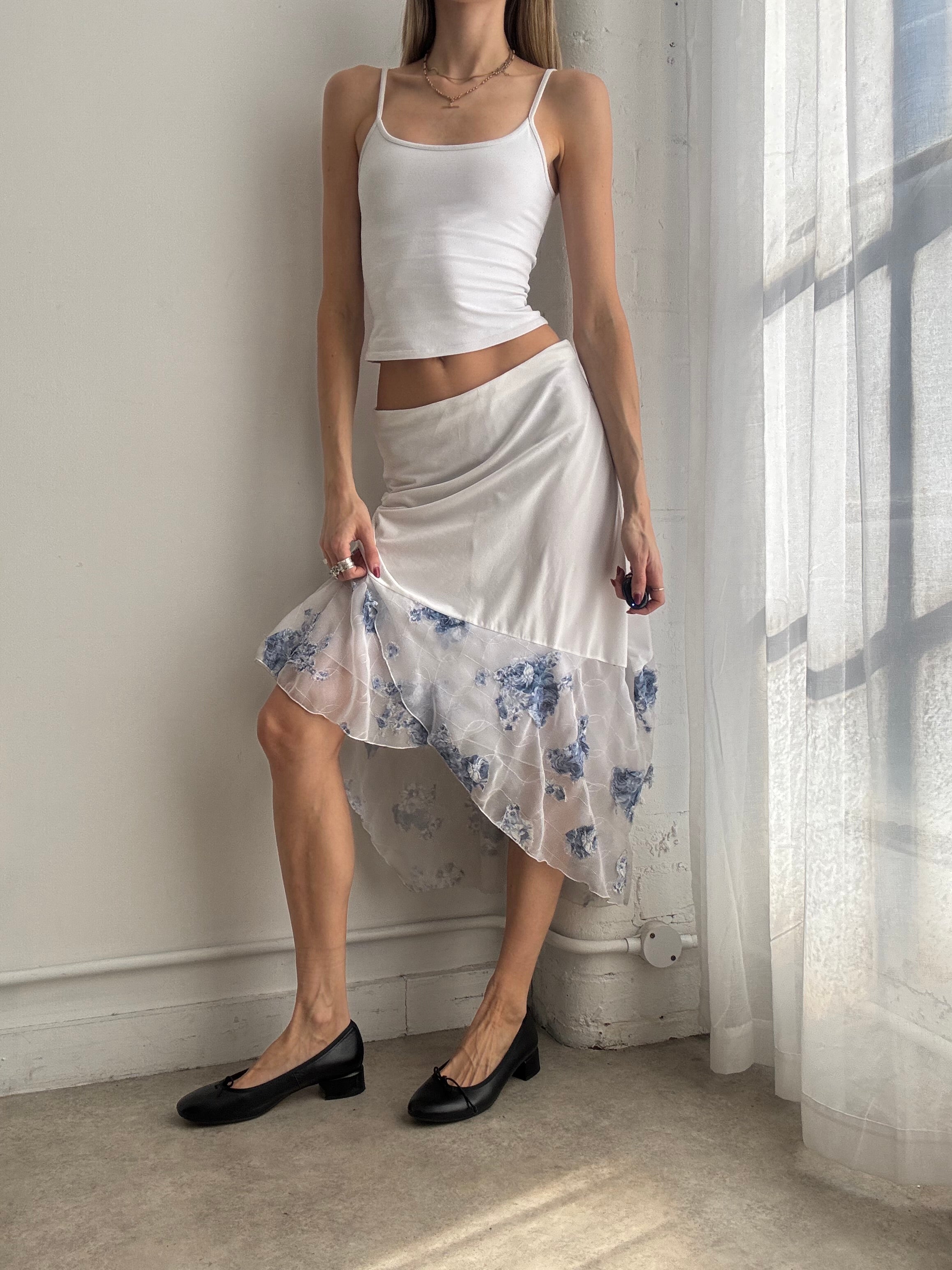 Vintage Y2K white floral asymmetric midi skirt
