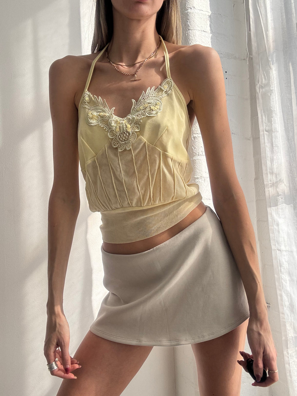 Vintage Y2K yellow lace trim halter corset cami