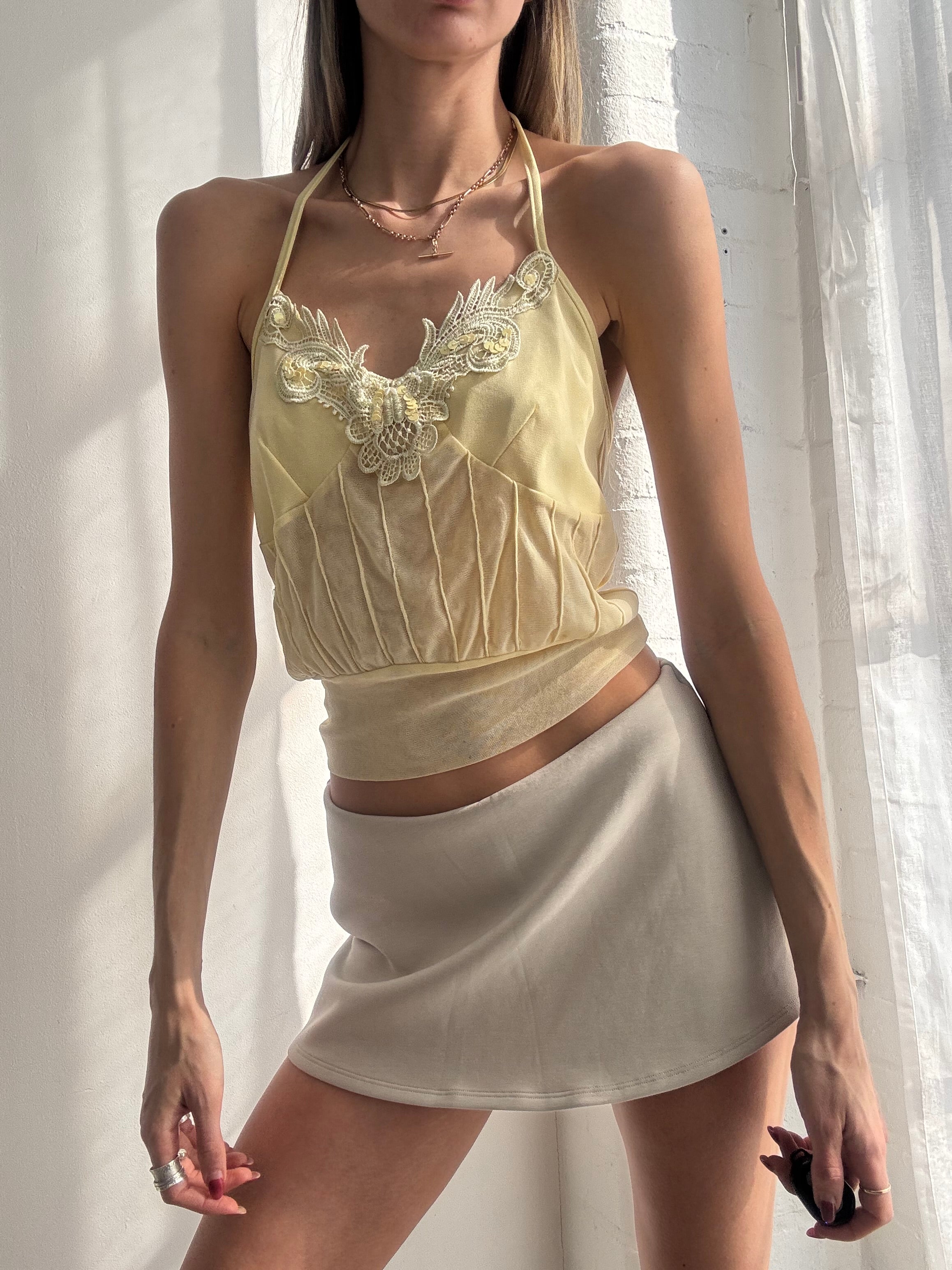 Vintage Y2K yellow lace trim halter corset cami