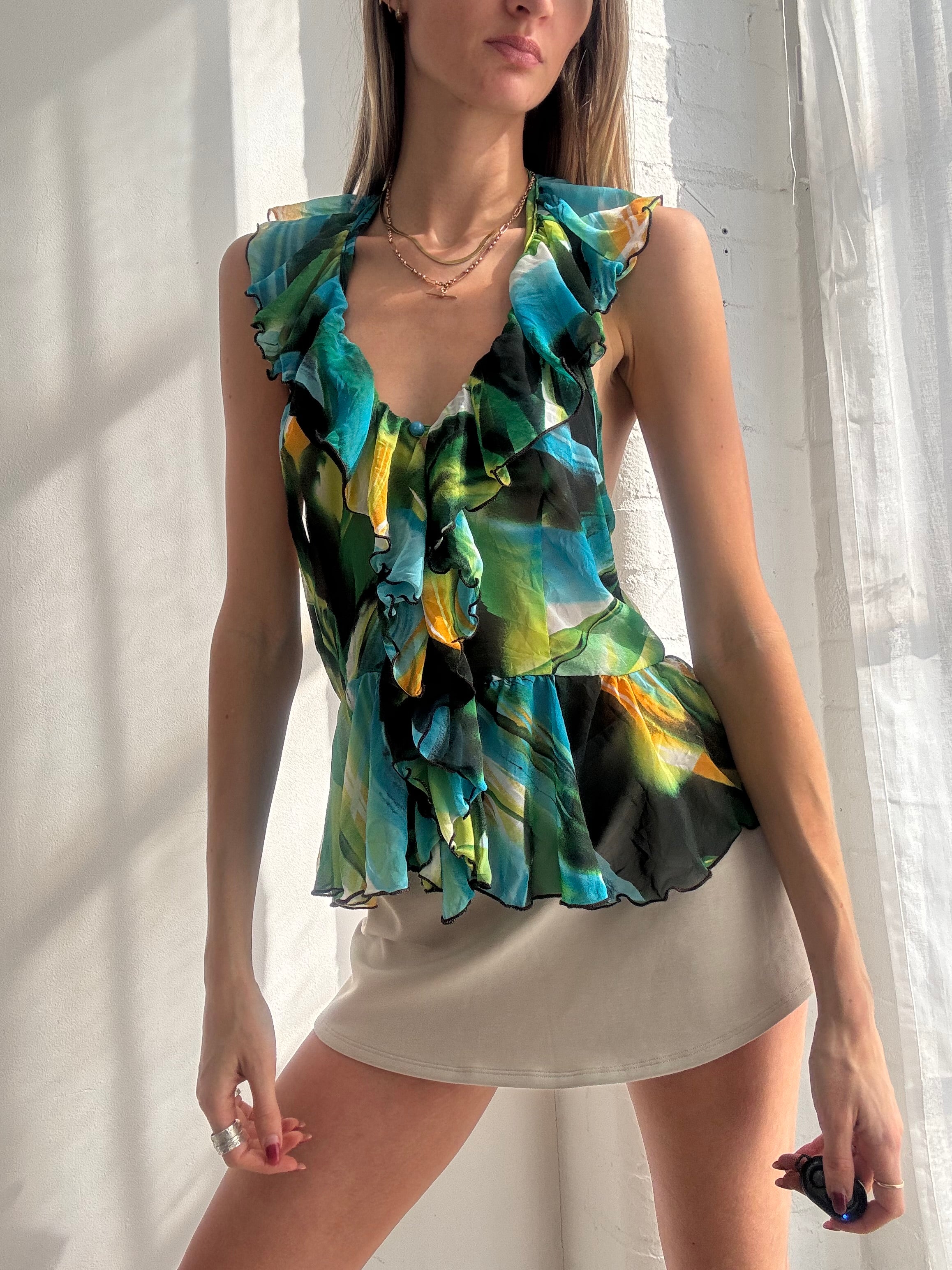 Vintage Y2K green abstract ruffle mesh halter top