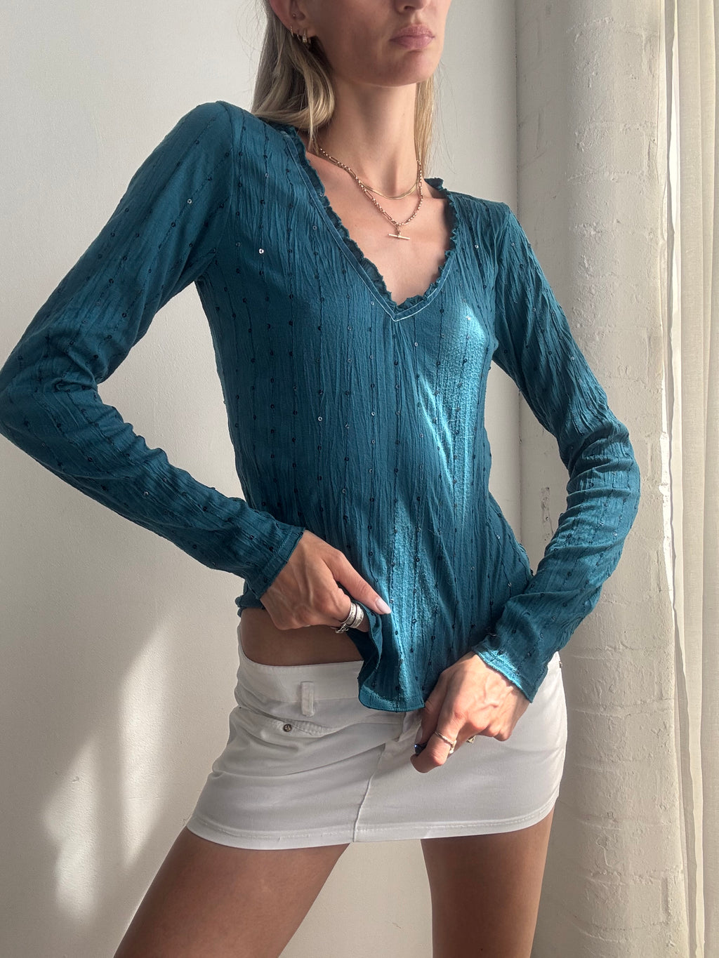 Vintage Y2K Teal Crinkle Sequin Long Sleeve Top - Size M