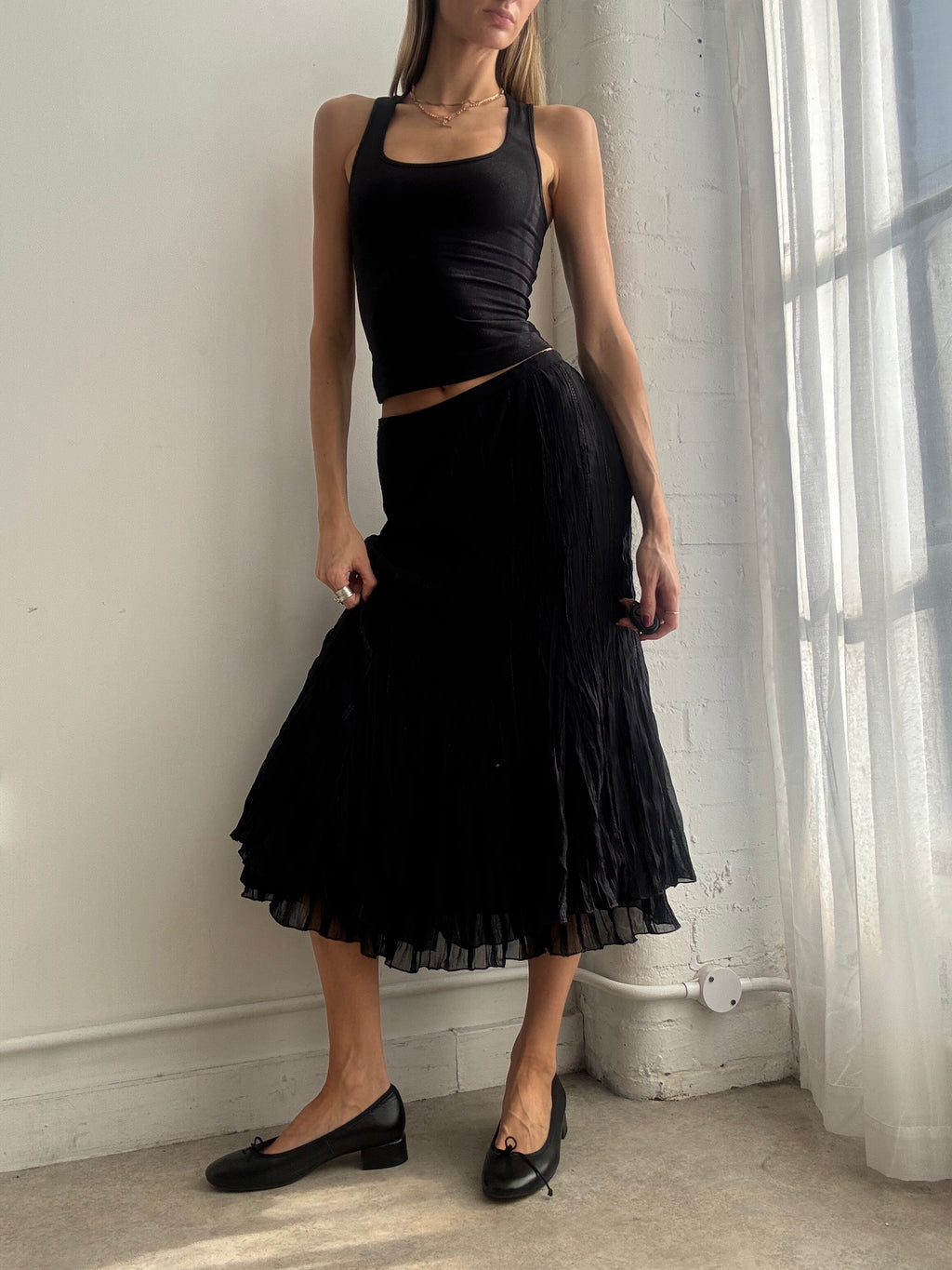 Vintage Y2K black mesh crinkle midi skirt