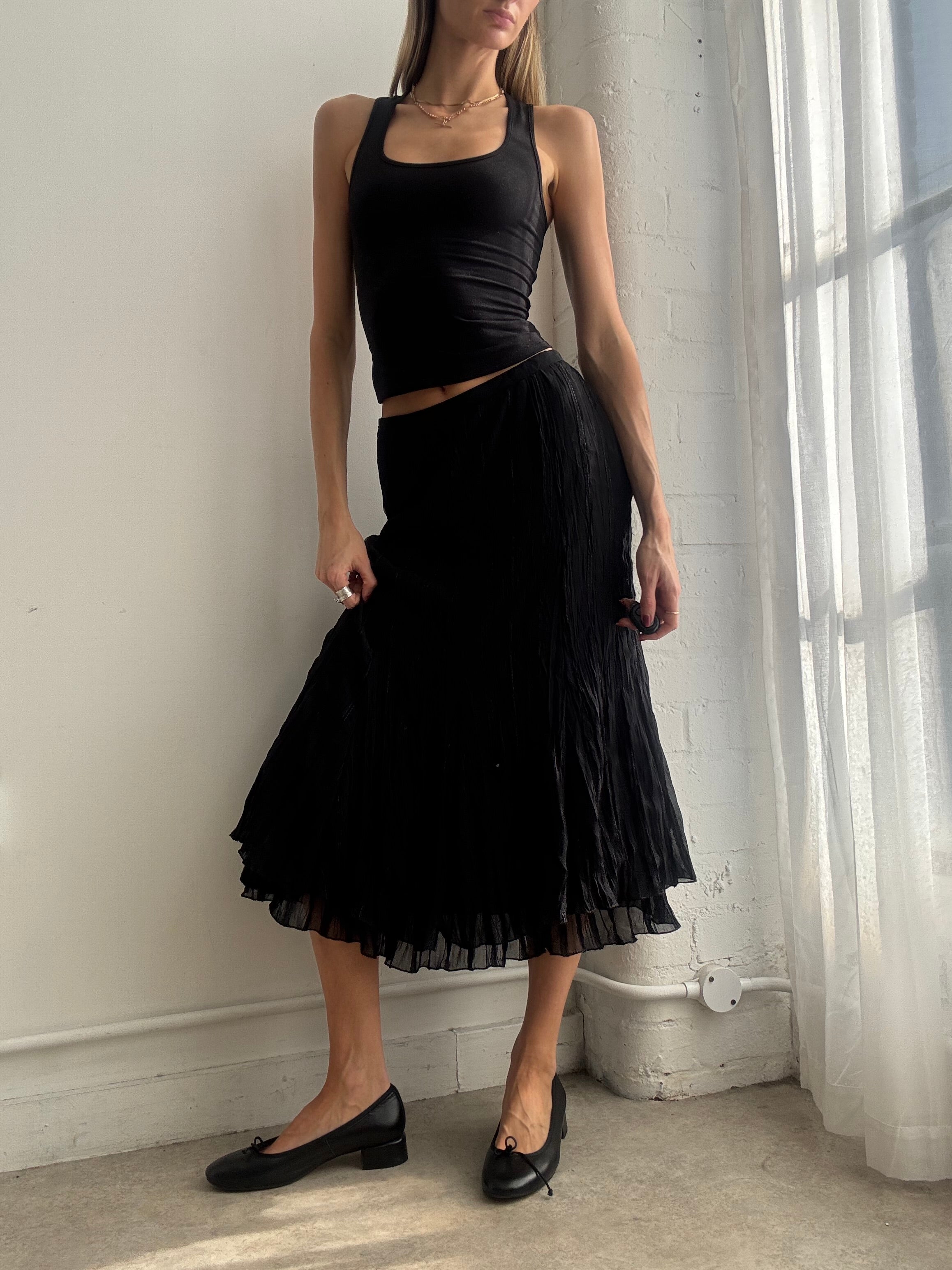 Vintage Y2K black mesh crinkle midi skirt