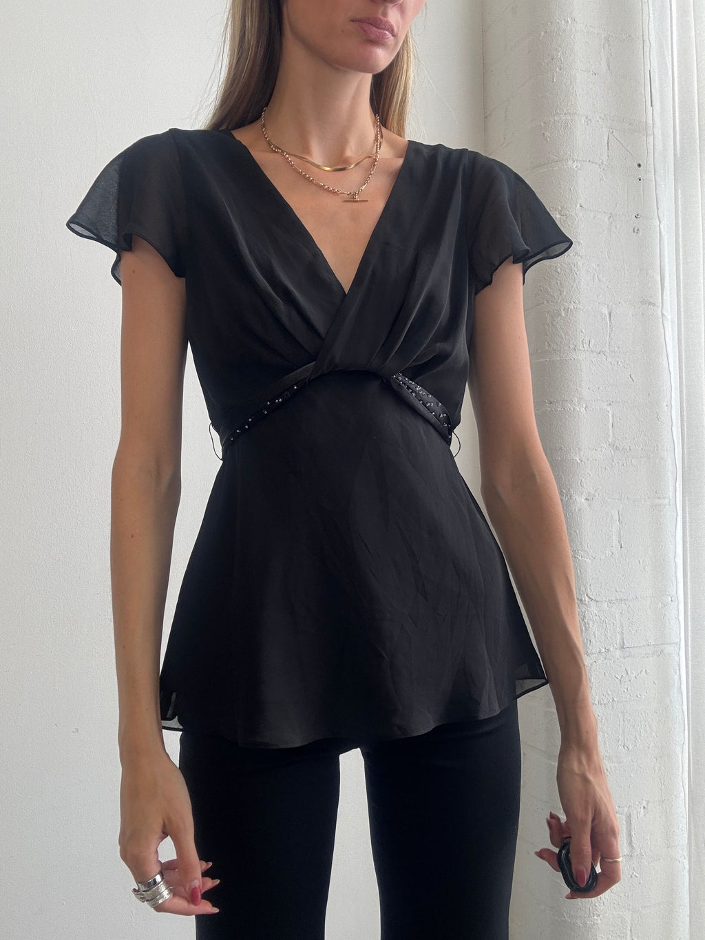 Vintage Y2K Black Chiffon Wrap Front Top - Size S
