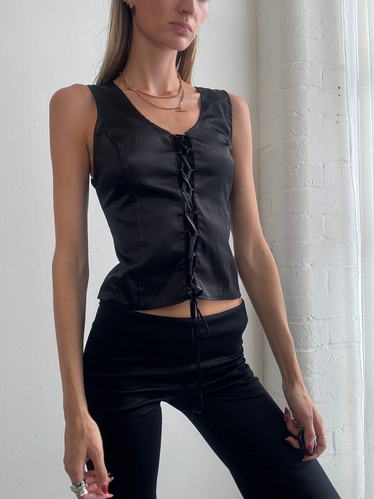 Vintage Y2K Black Satin Lace-Up Corset Top - Size S