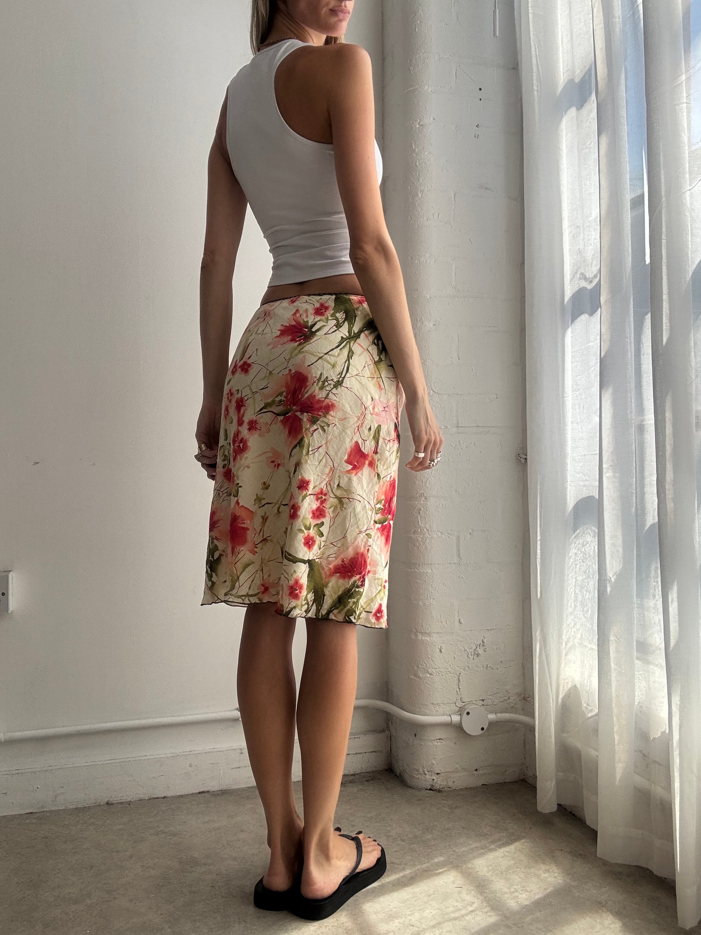 Vintage Cream Cotton Floral Midi Skirt Y2K - Size XS