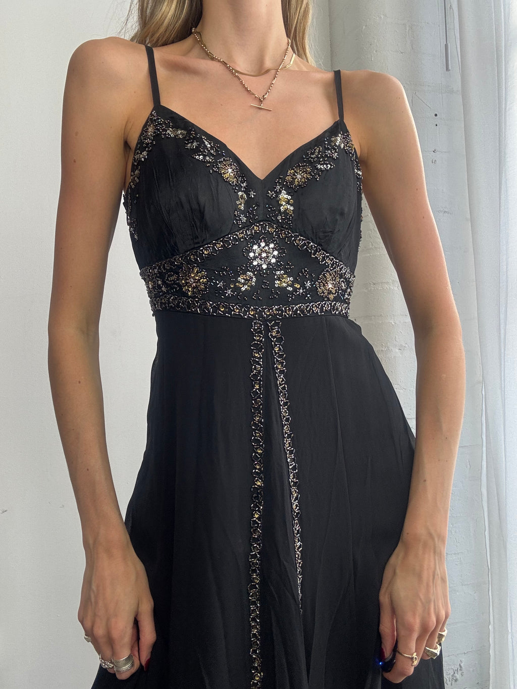 Vintage Y2K beaded black mesh slip dress