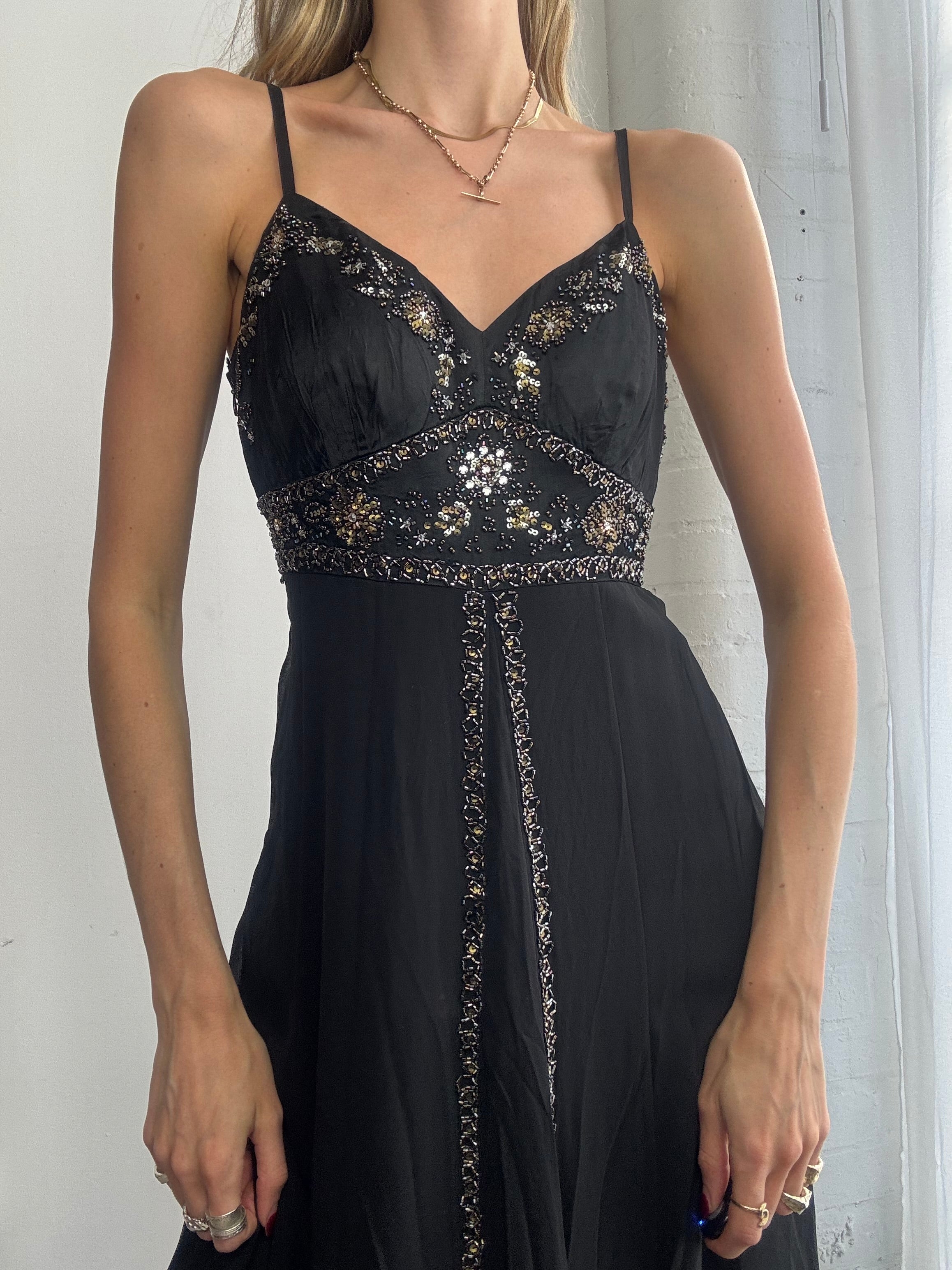 Vintage Y2K beaded black mesh slip dress