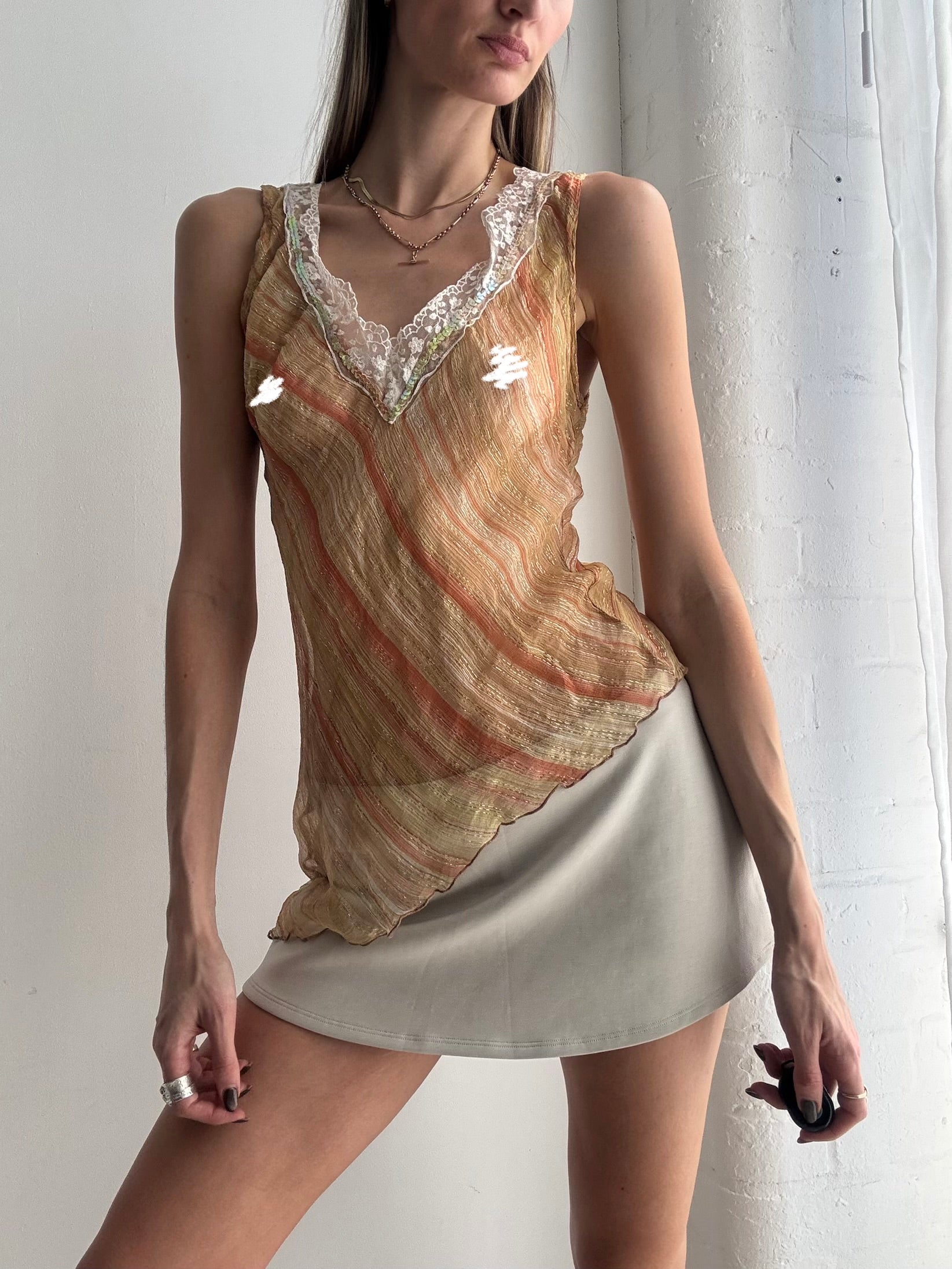Vintage Y2K embellished sheer stripe sleeveless top - Size S