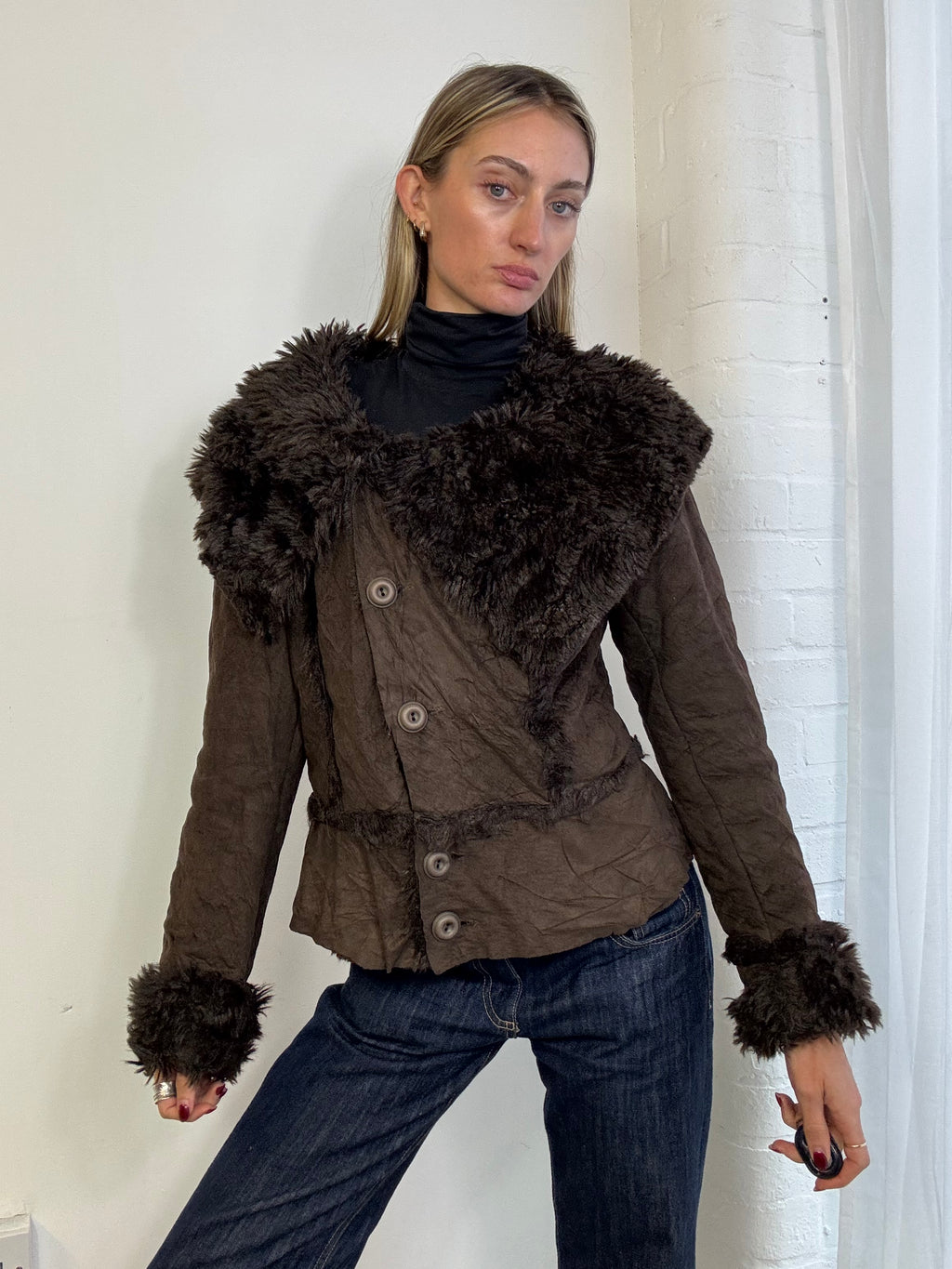Vintage Y2K faux fur asymmetric jacket